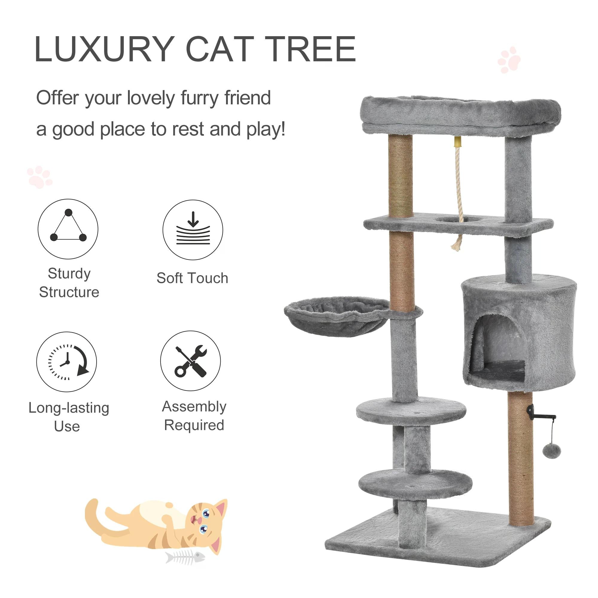 Cat Tree Cat Scratching Post 120cm with Jute Scratching Post Perch Hanging Ball Hammock Teasing Rope Condo Toy Light Grey