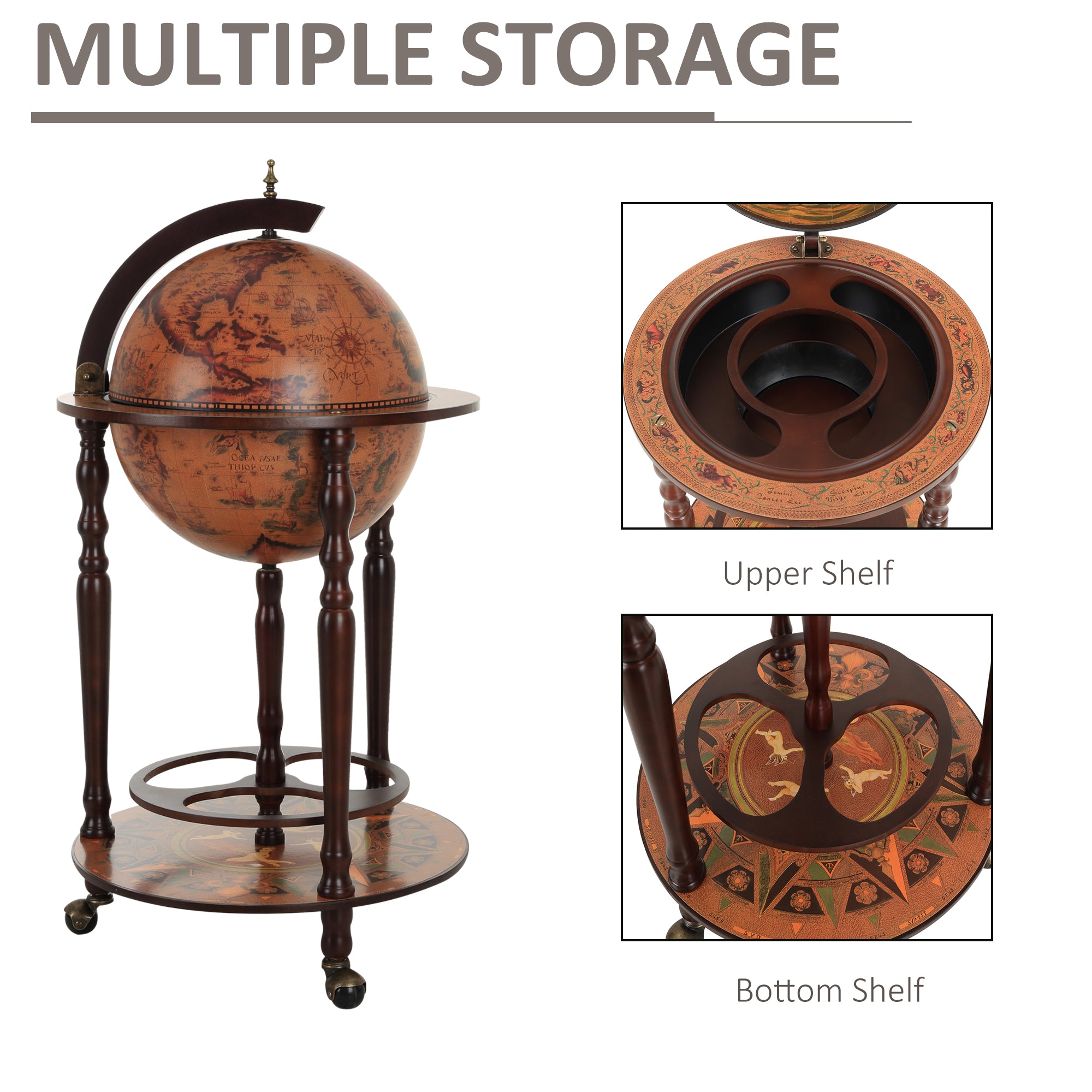 Globe Shaped Retro Style Bar Cabinet Wine Alcohol Storage Trolley Glass Bottle Holder 36CM