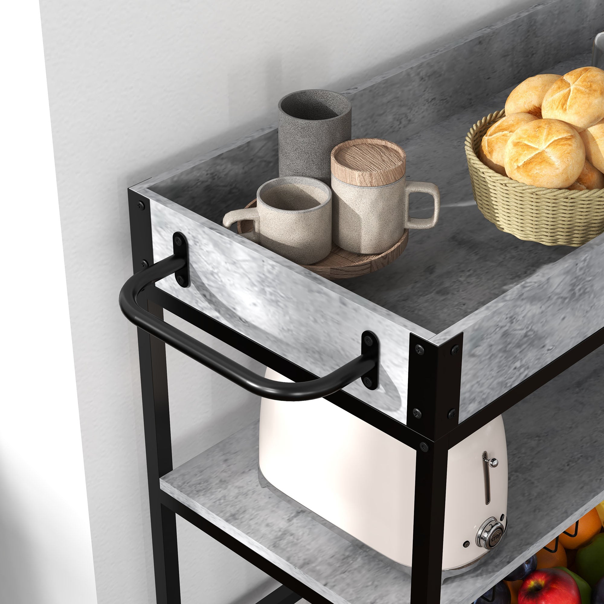 3-Tier Kitchen Cart, Kitchen Island with Storage Shelves, Removable Tray, Wine Racks, Glass Holders, Faux Marbled Grey