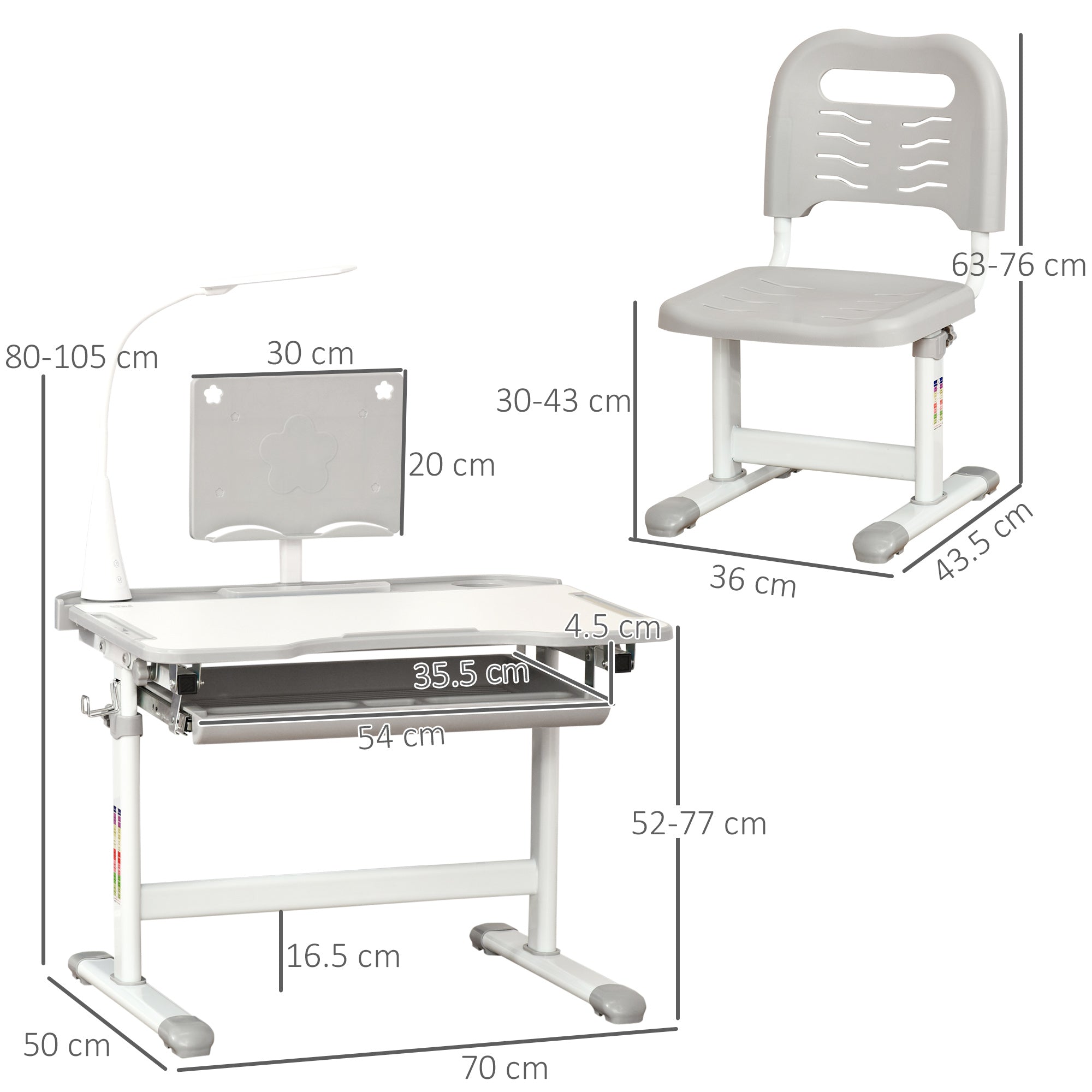 Kids Table and Chair Set, Activity Desk with USB Lamp, Storage Drawer for Study, Activities, Arts, or Crafts, Grey and White