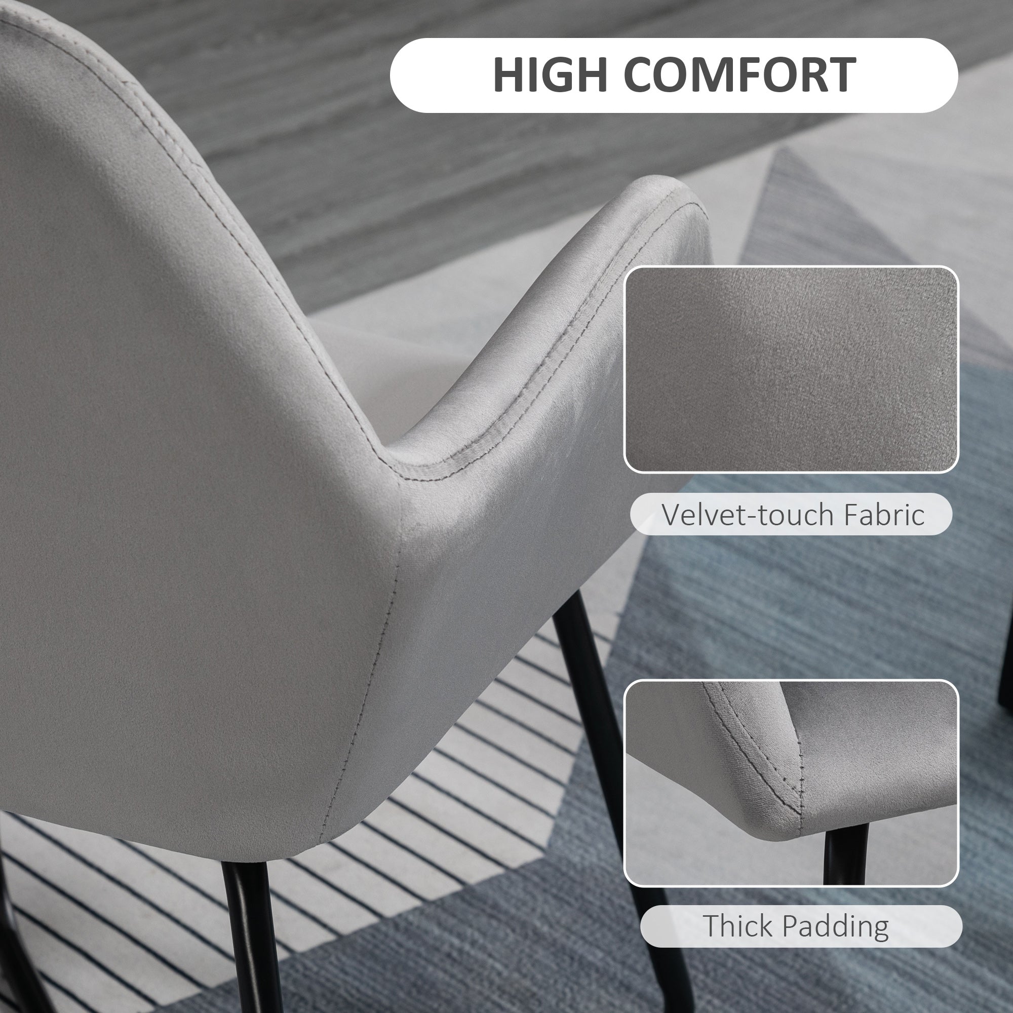 Modern Accent Chair, Velvet-Feel Fabric Upholstered Armchair with Metal Base for Living Room, Set of 2, Grey