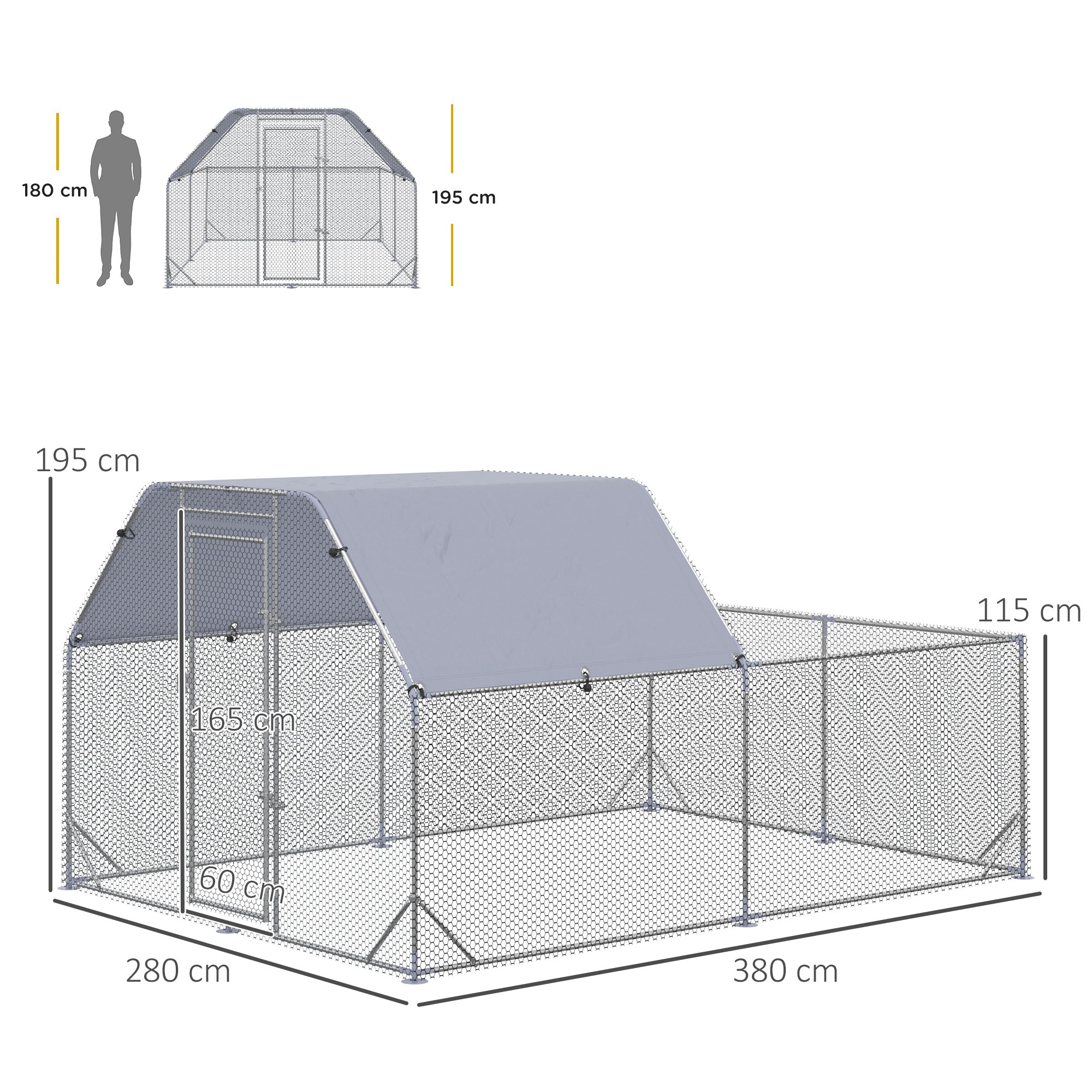 Chicken Run with Roof, Walk In Chicken Coop for 10-12 Chickens, Hen House Duck Pen Outdoor, 2.8 x 3.8 x 2 m