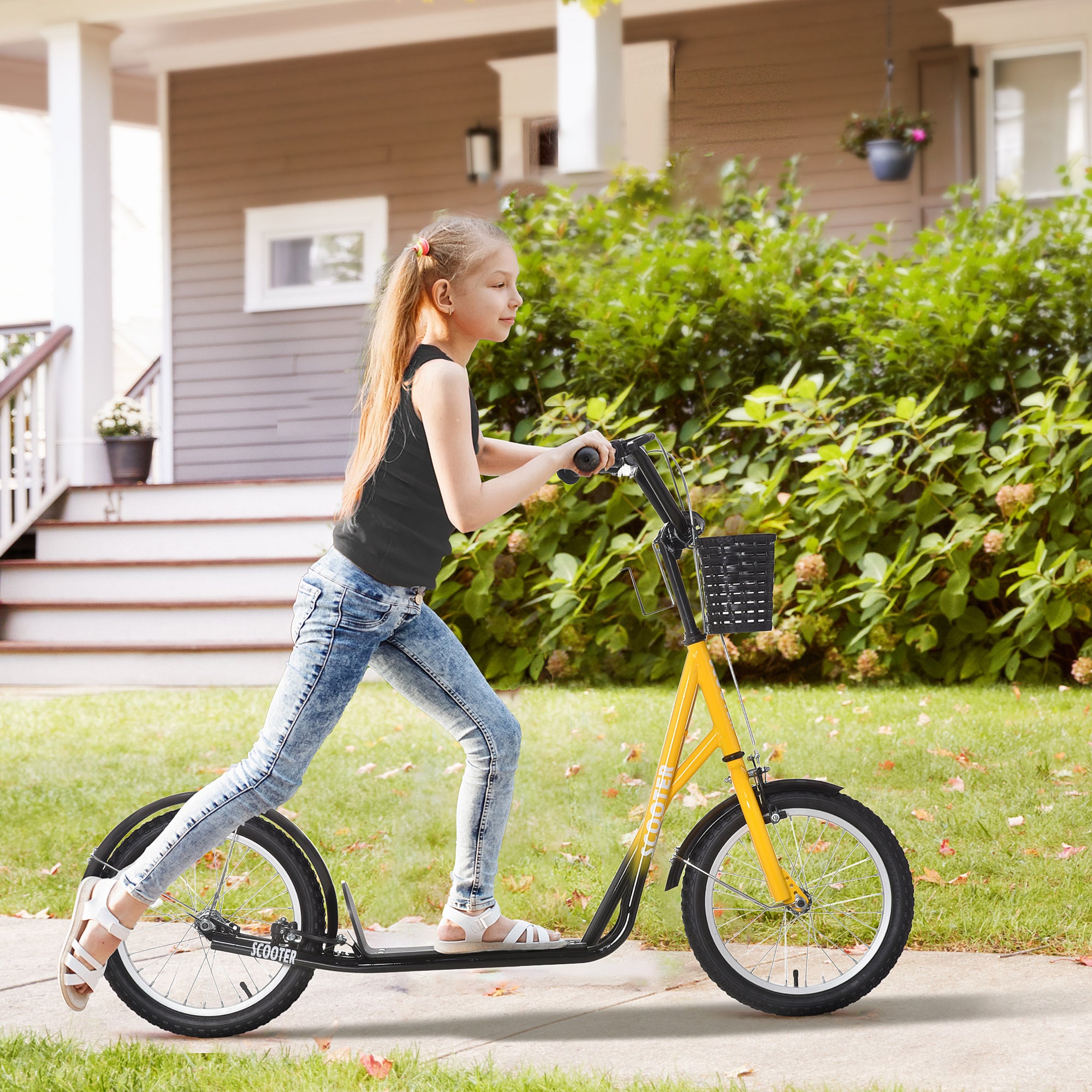 Kids Kick Scooter Teen Ride On Children Scooter with Adjustable Handlebar 2 Brakes Basket Cupholder Mudguard 16" Inflatable Rubber Tyres Orange