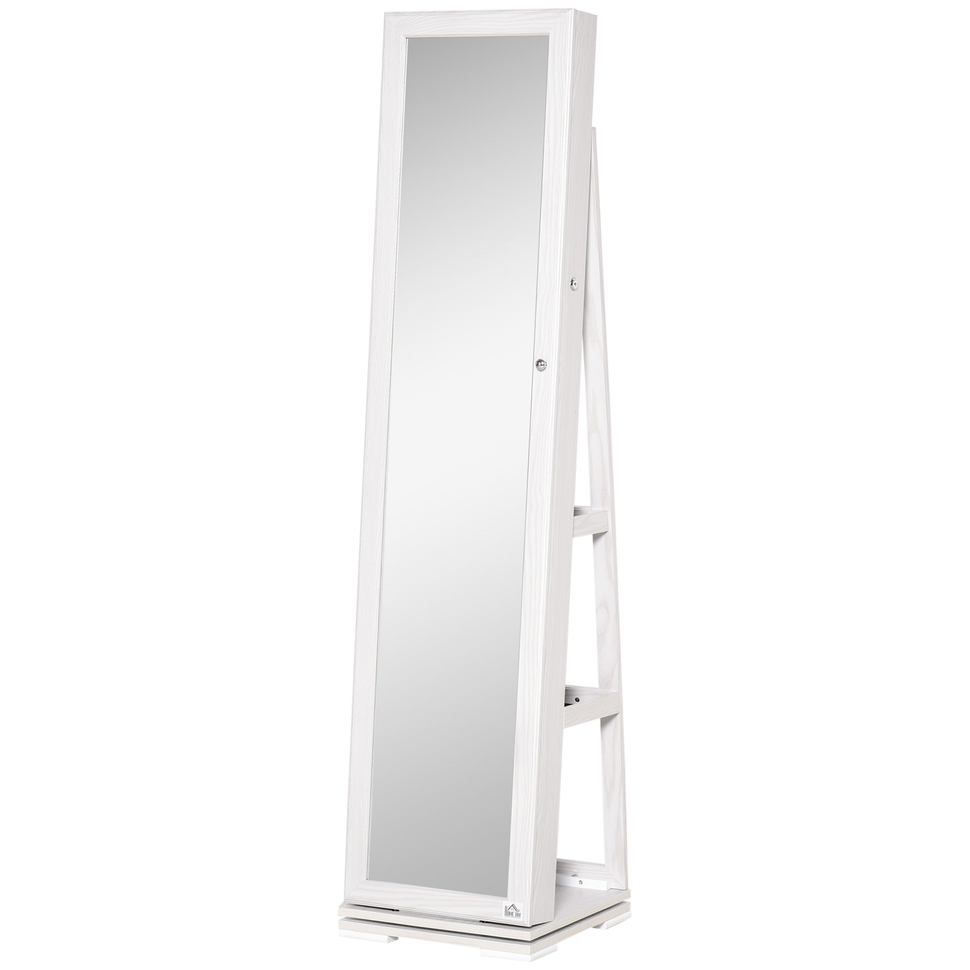 360° Swivel Jewellery Cabinet, Mirror Armoire, Full Length Mirror, Lockable Jewellery Organizer with Built-In Small Mirror, White