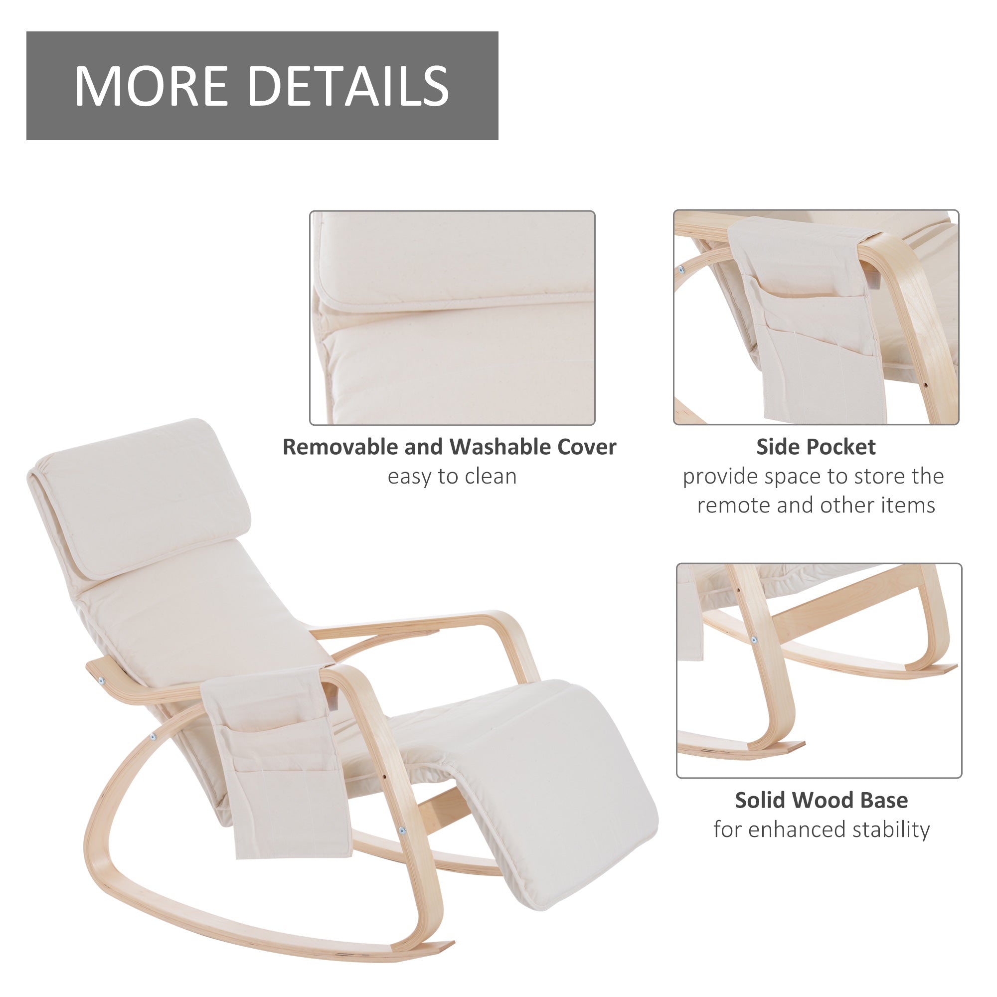 Rocking Lounge Chair Recliner Relaxation Lounging Relaxing Seat with Adjustable Footrest, Side Pocket and Pillow, Cream White