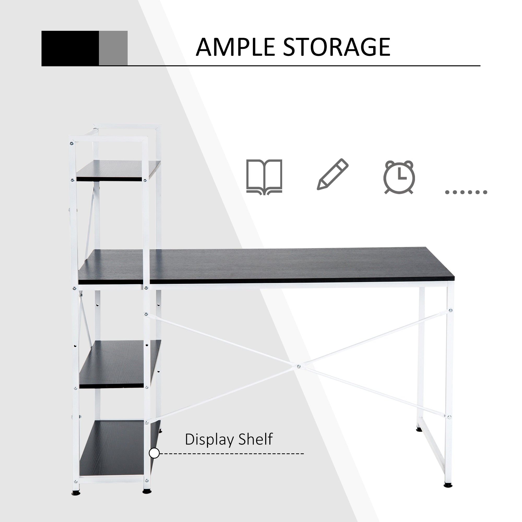 Computer Desk PC Table Study Workstation Home Office with 4-tier Bookshelf Storage Metal Frame Wooden Top (Black & White)