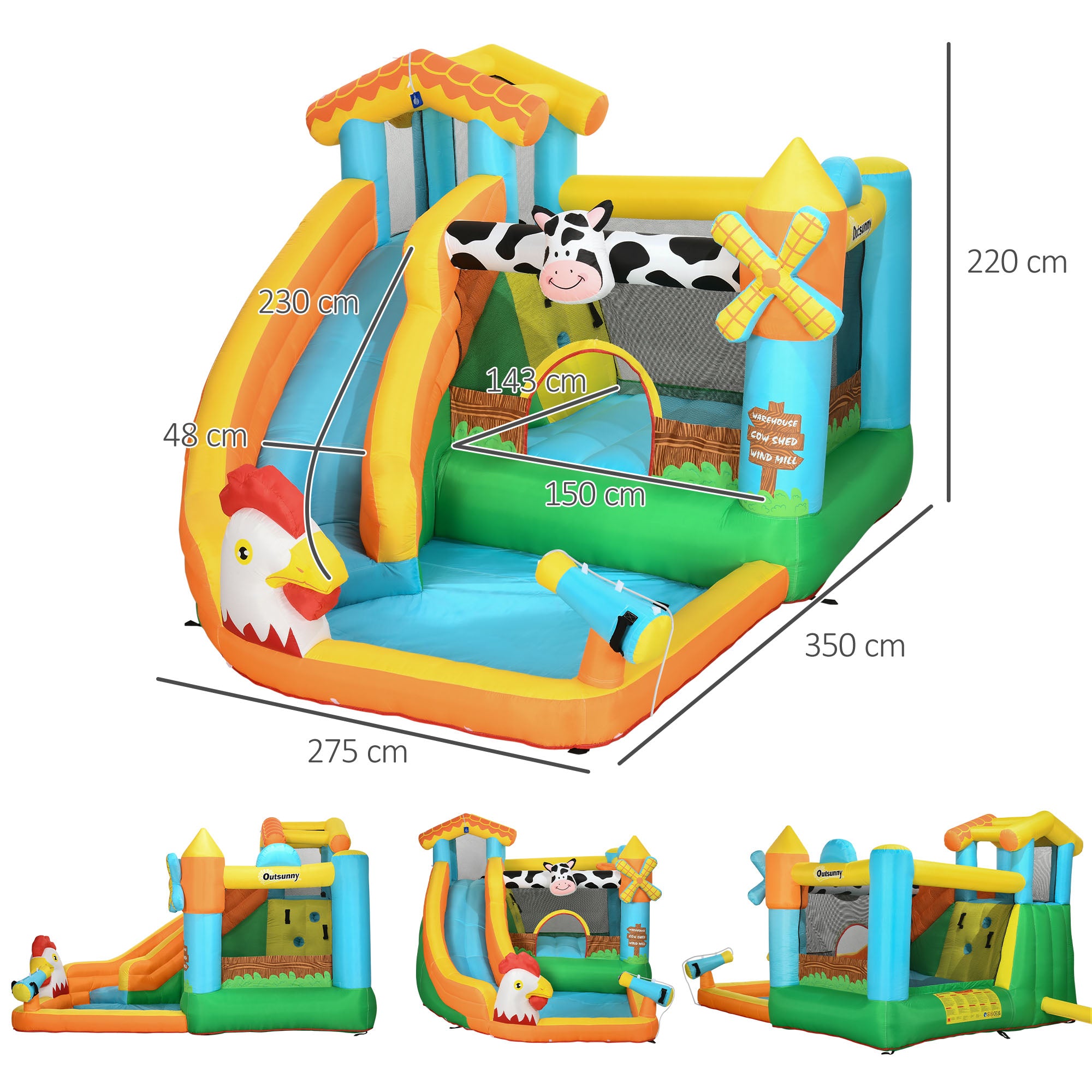 5 in 1 Kids Bounce Castle Farm Style Inflatable House with Slide Trampoline Pool Water Cannon Climbing Wall Inflator Carry bag for Ages 3-8