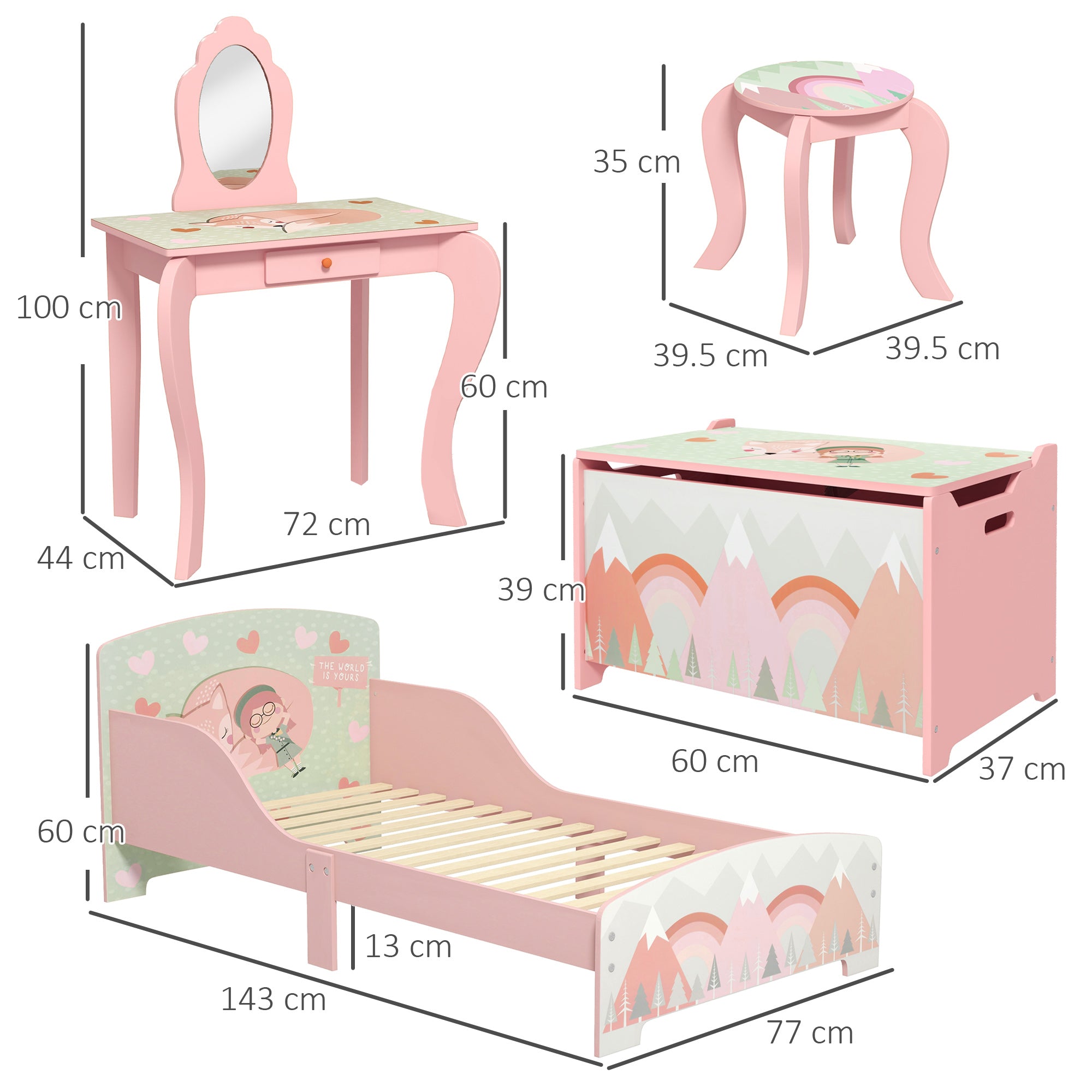 Kids Bedroom Furniture Set Includes Bed Frame, Toy Chest, Dressing Table for Ages 3-6 Years, Pink