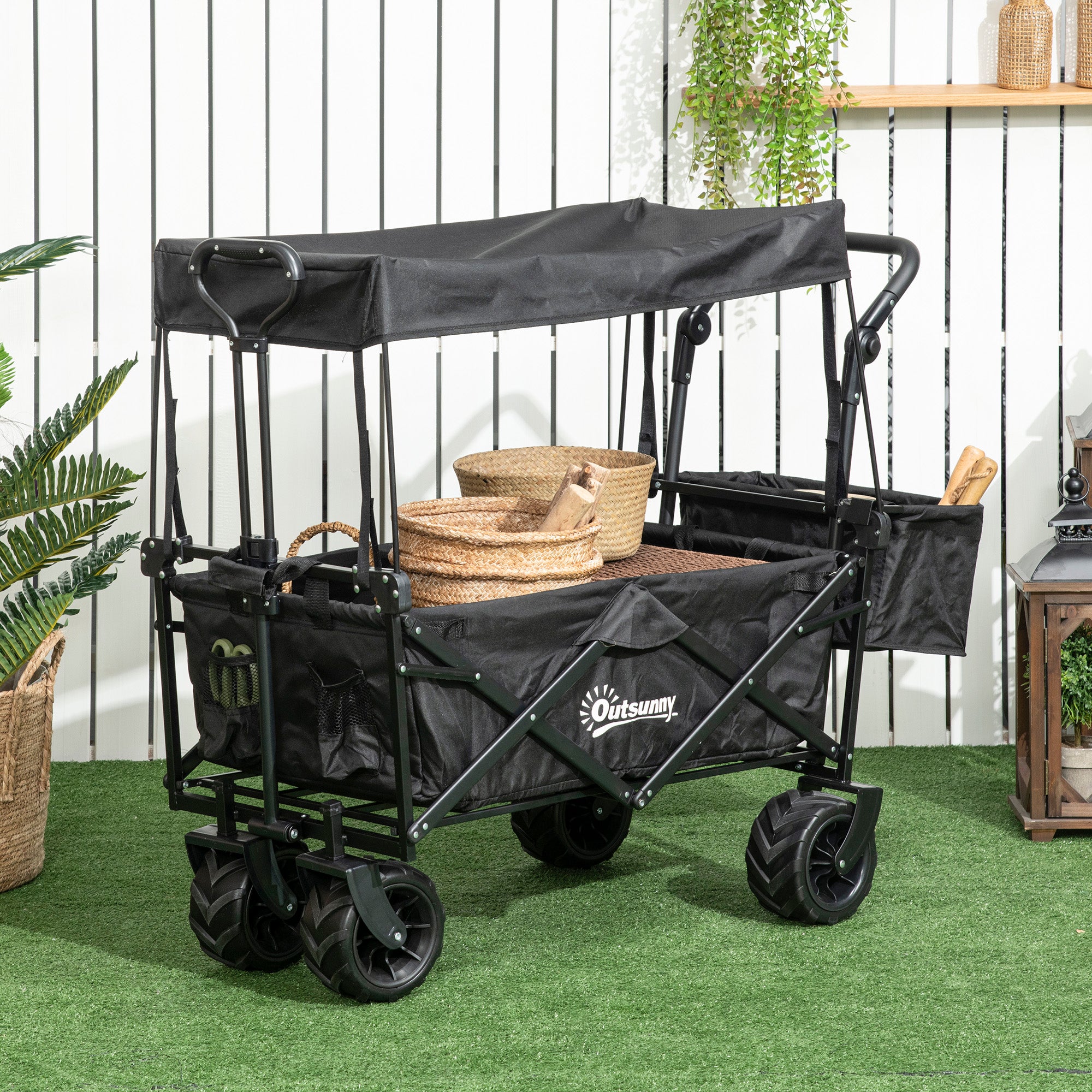 Folding Trolley Cart Storage Wagon Beach Trailer 4 Wheels with Handle Overhead Canopy Cart Push Pull for Camping, Black