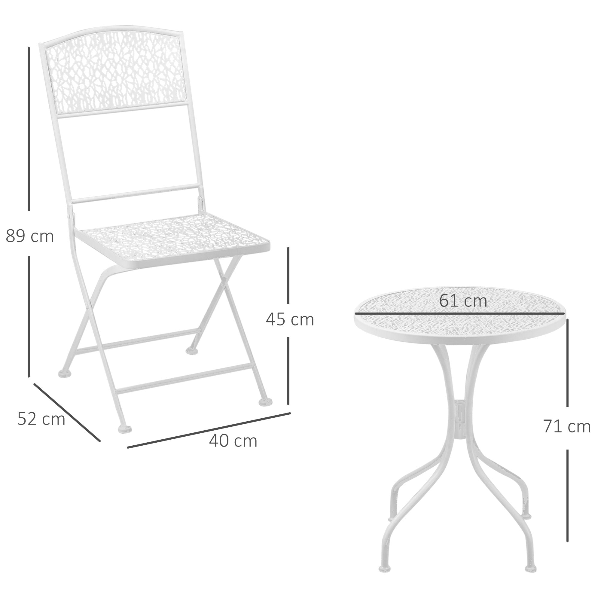 Garden Bistro Set for 2 with Folding Chairs and Round Table, Metal Balcony Furniture for Outdoor Indoor Use, White