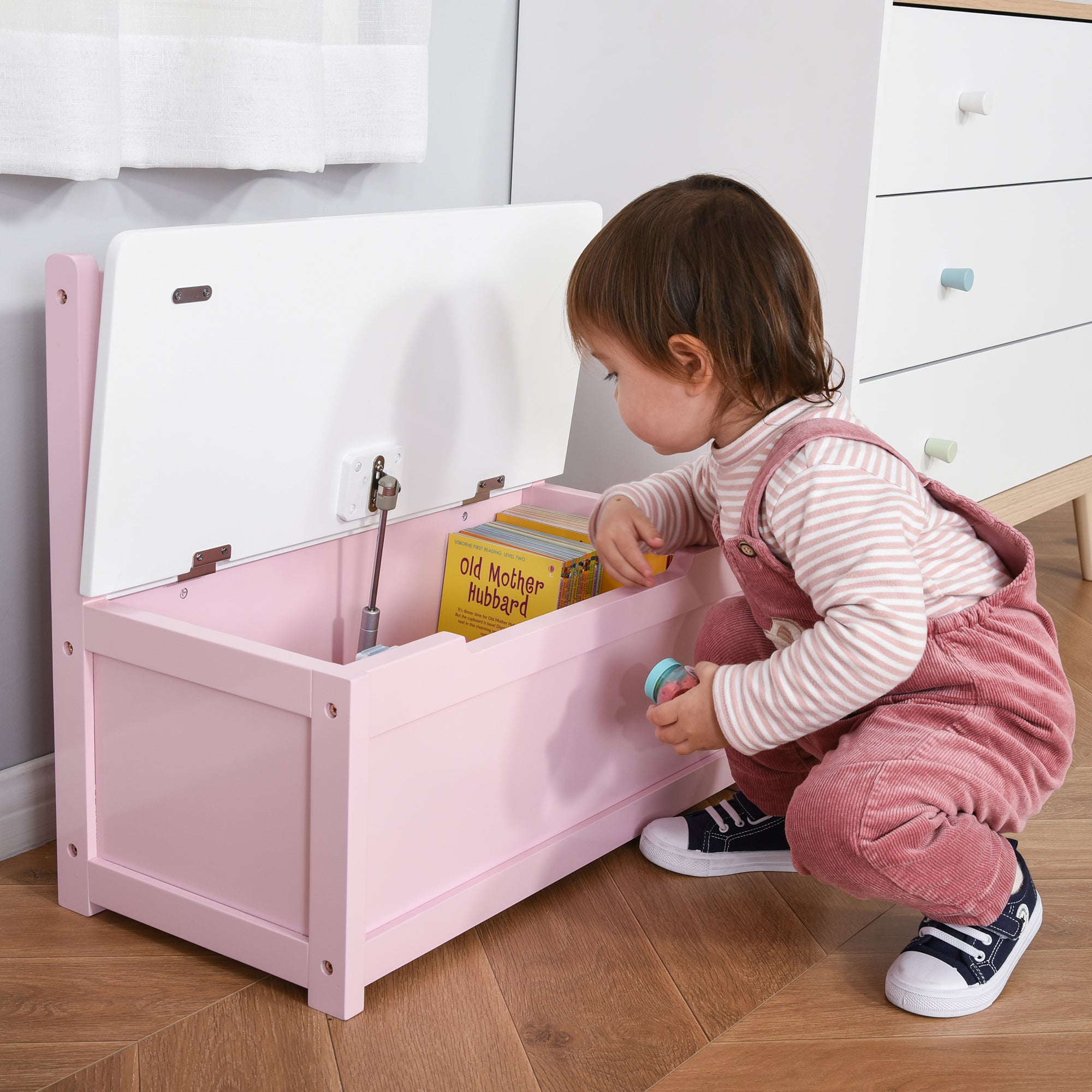 2-IN-1 Wooden Toy Box Kids Seat Bench Storage Chest Cabinet Organizer with Safety Pneumatic Rod 60 x 30 x 50cm Pink