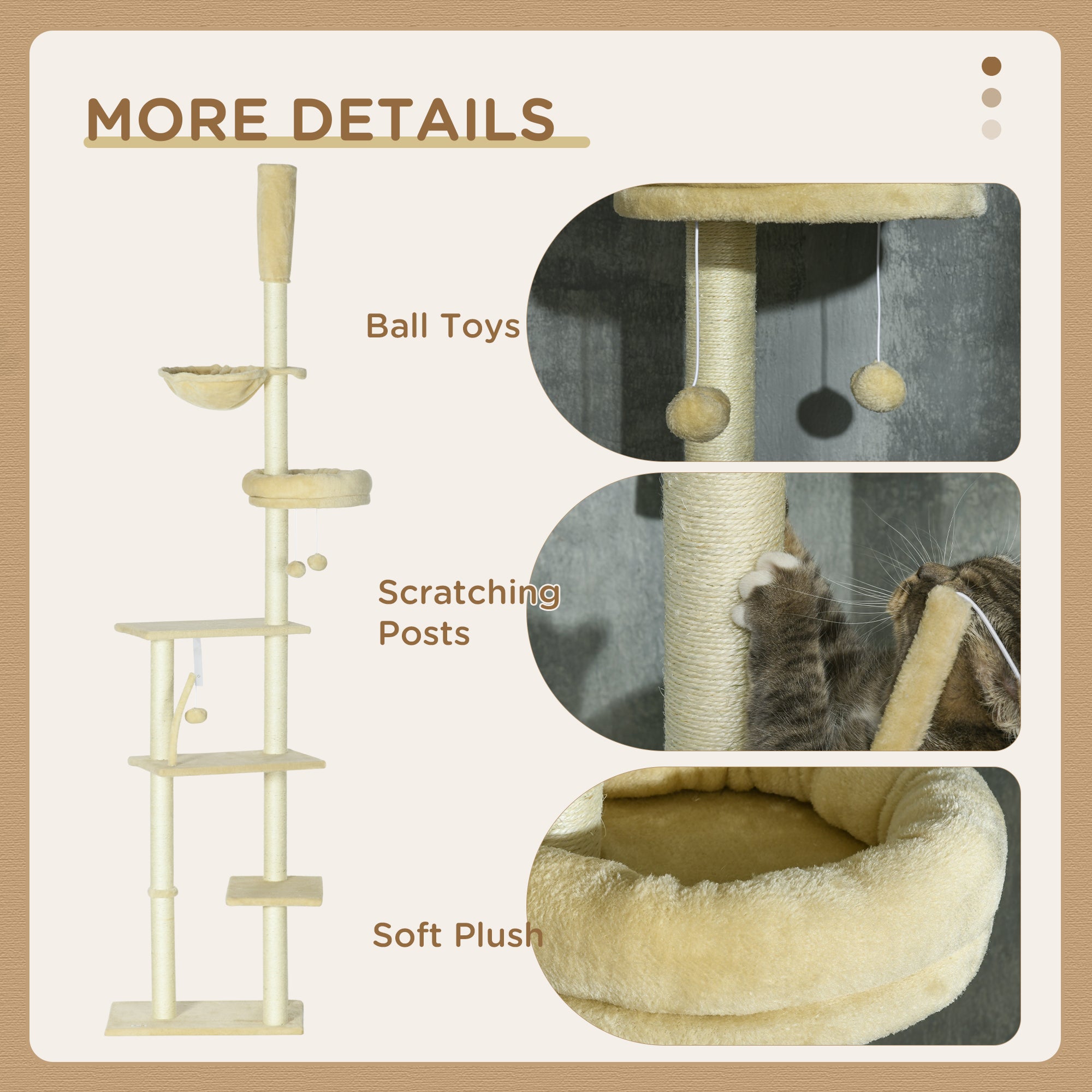 Floor to Ceiling Cat Tree, 6-Tier Play Tower Climbing Activity Center w/ Scratching Post, Platforms, Adjustable Height, Beige