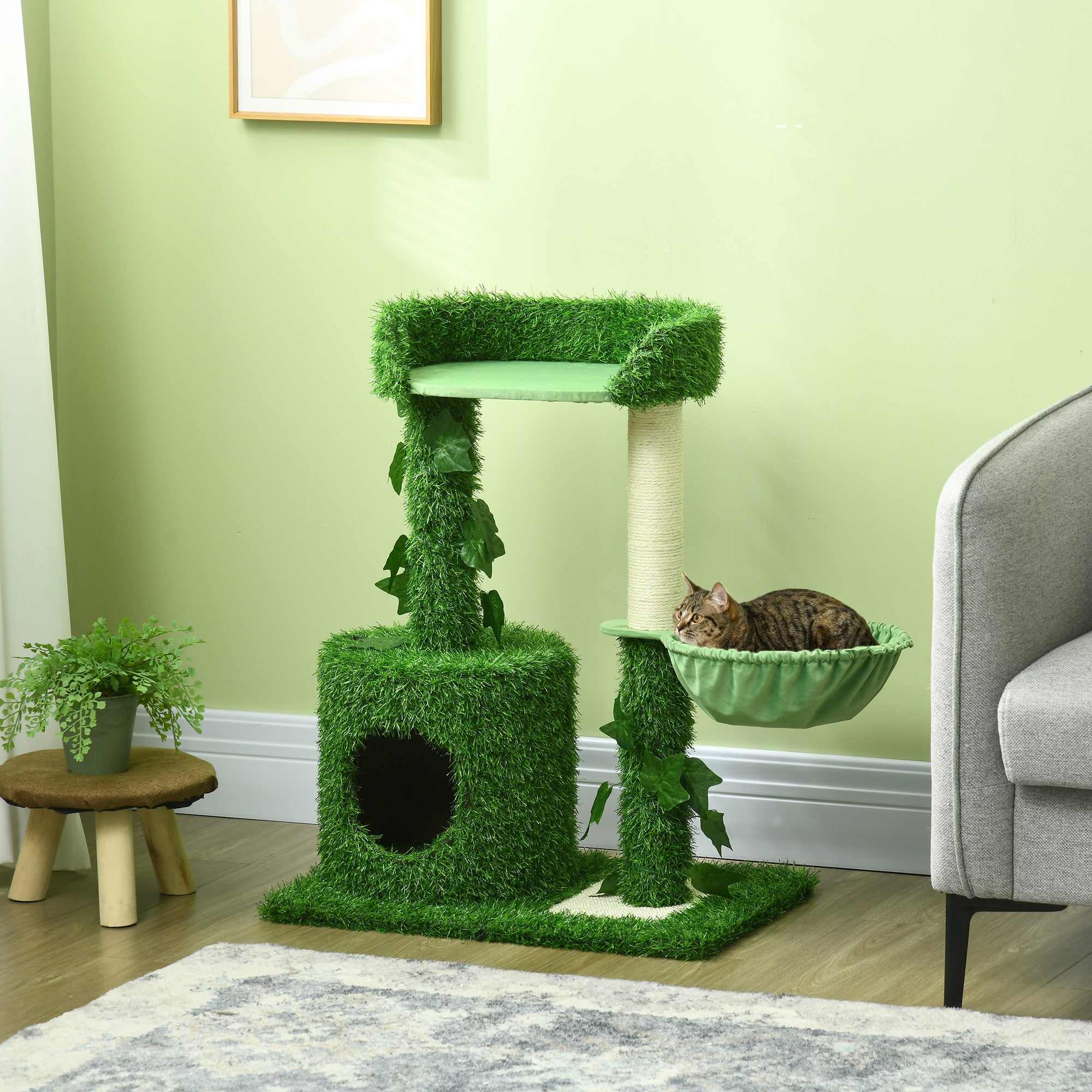 77cm Cat Tree for Indoor Cats with Green Leaves, Multi Levels Cat Climbing Tree with Sisal Scratching Posts, Perch Hammock, Condo Green