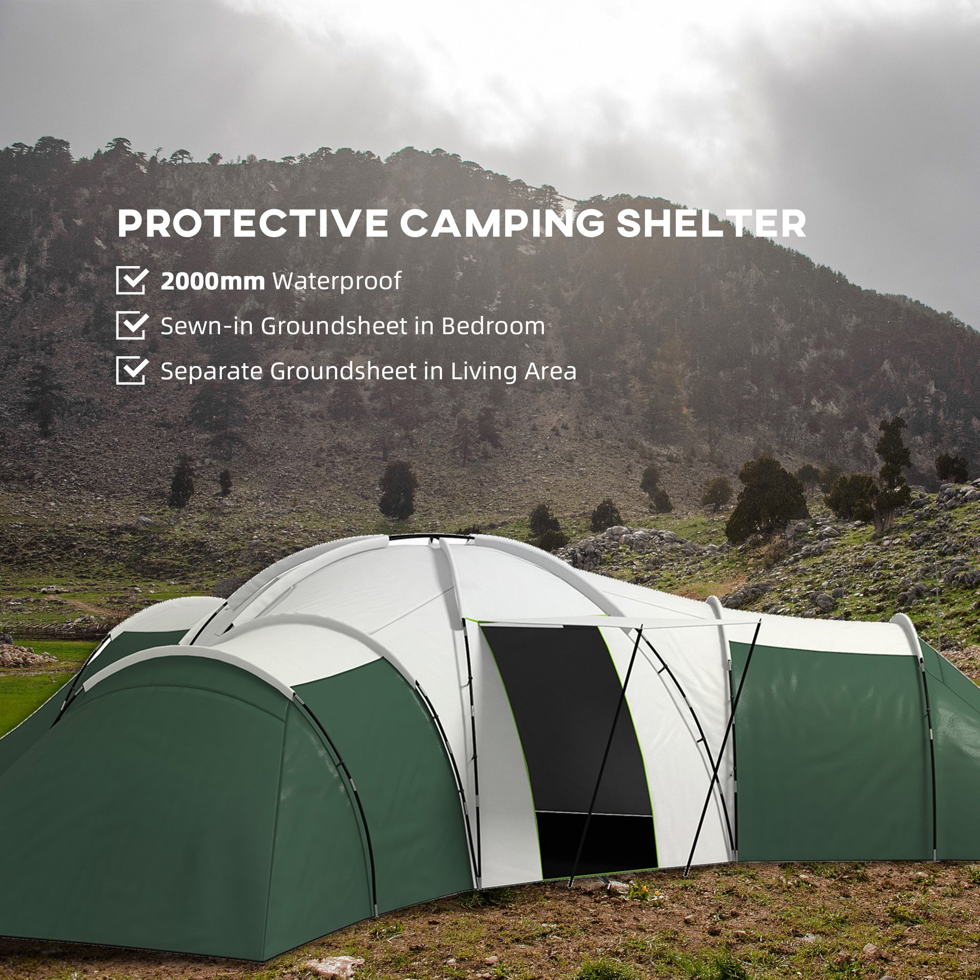 6-9 Man Camping Tent with Bedrooms and Porch - Water Resistant