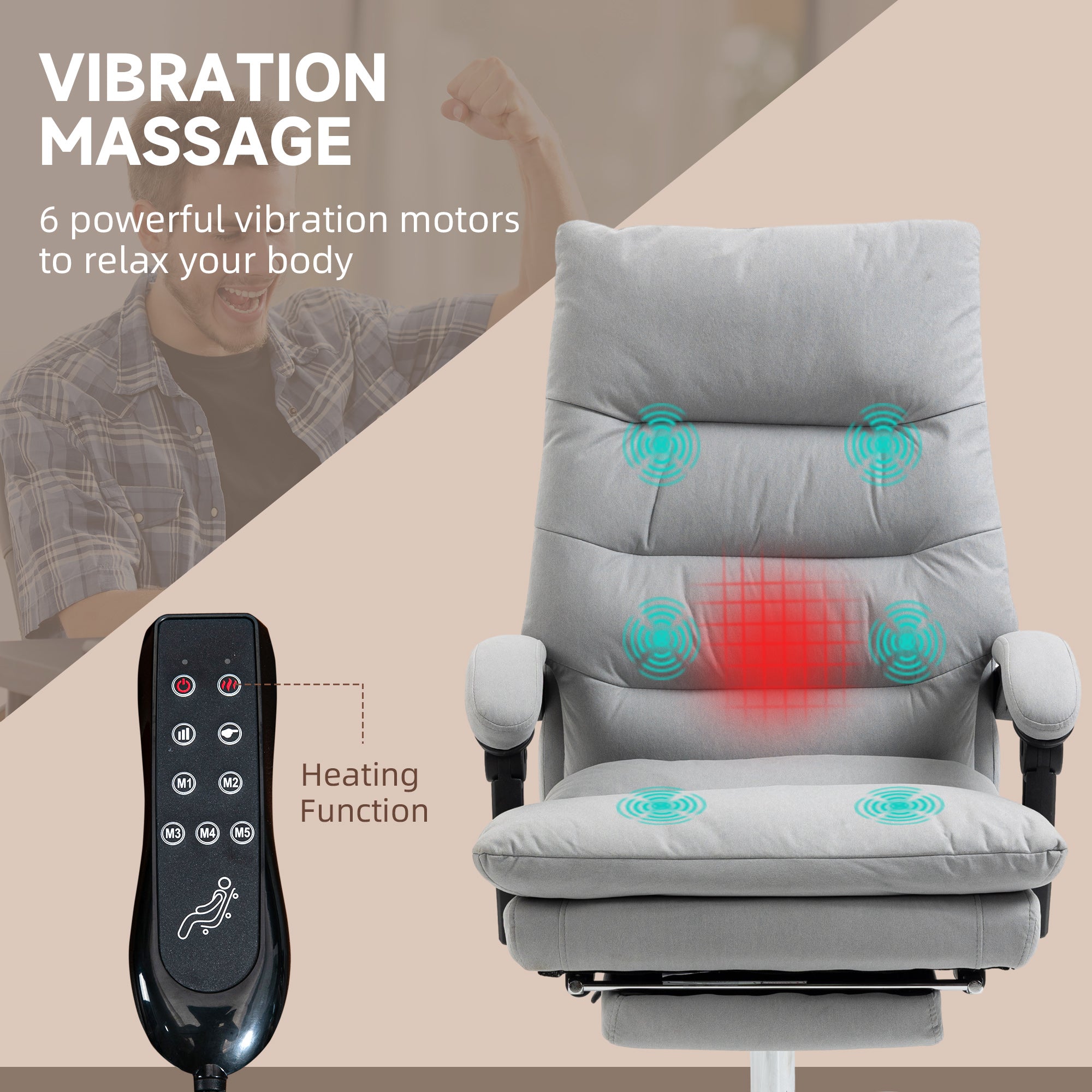 Vibration Massage Office Chair with Heat, Microfibre Computer Chair with Footrest, Armrest, Reclining Back, Double-tier Padding, Grey