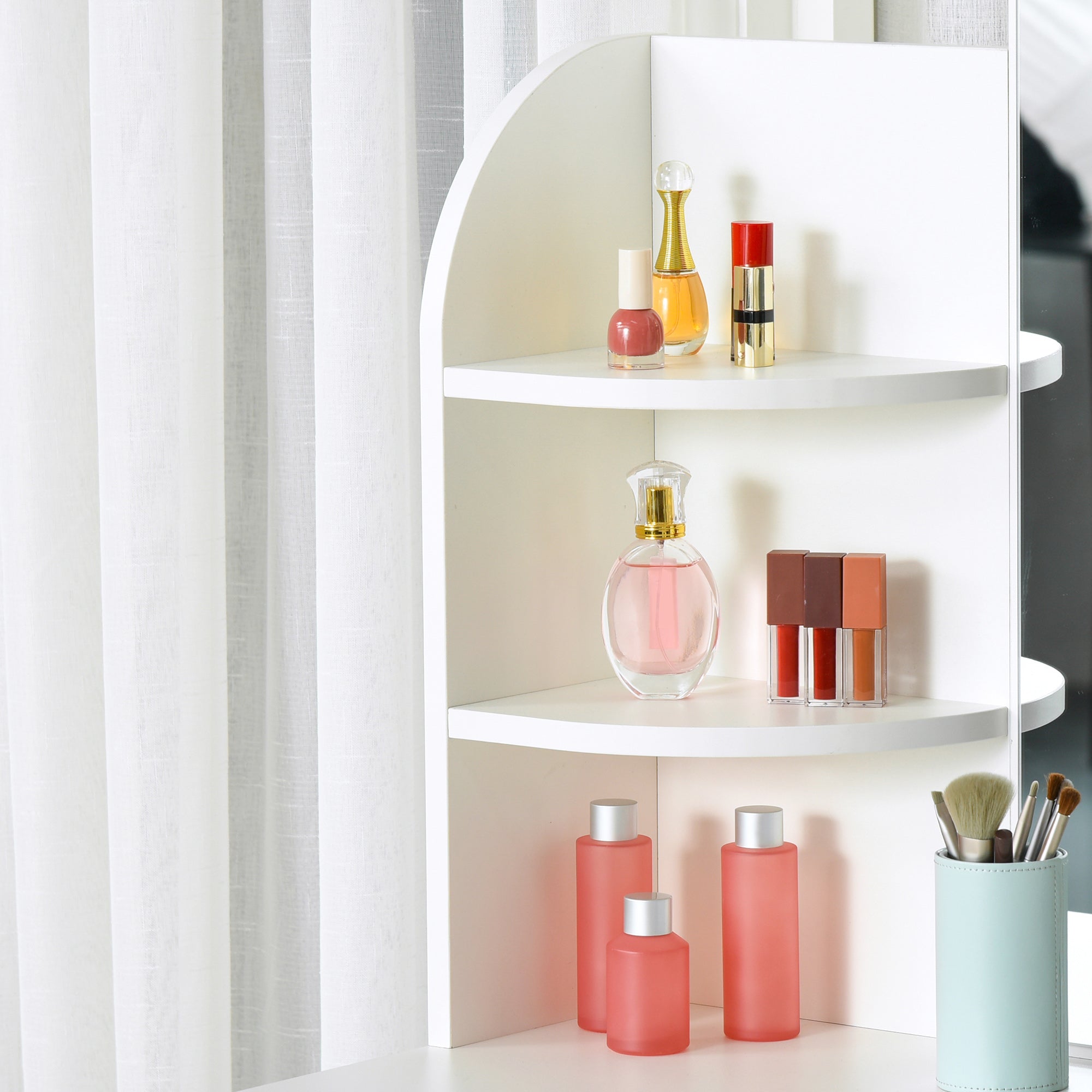 Modern Dressing Table Writing Desk W/ Mirror, Big Drawers, 2-Tier Open Shelf For Home Bedroom White