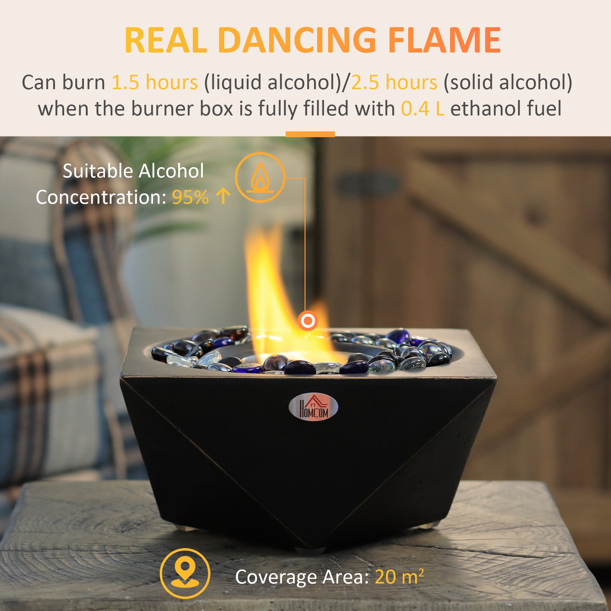 Portable Tabletop Fireplace, Concrete Bioethanol Fireplace with 0.4L Tank, Burns up with Liquid Alcohol and Solid Alcohol, Black