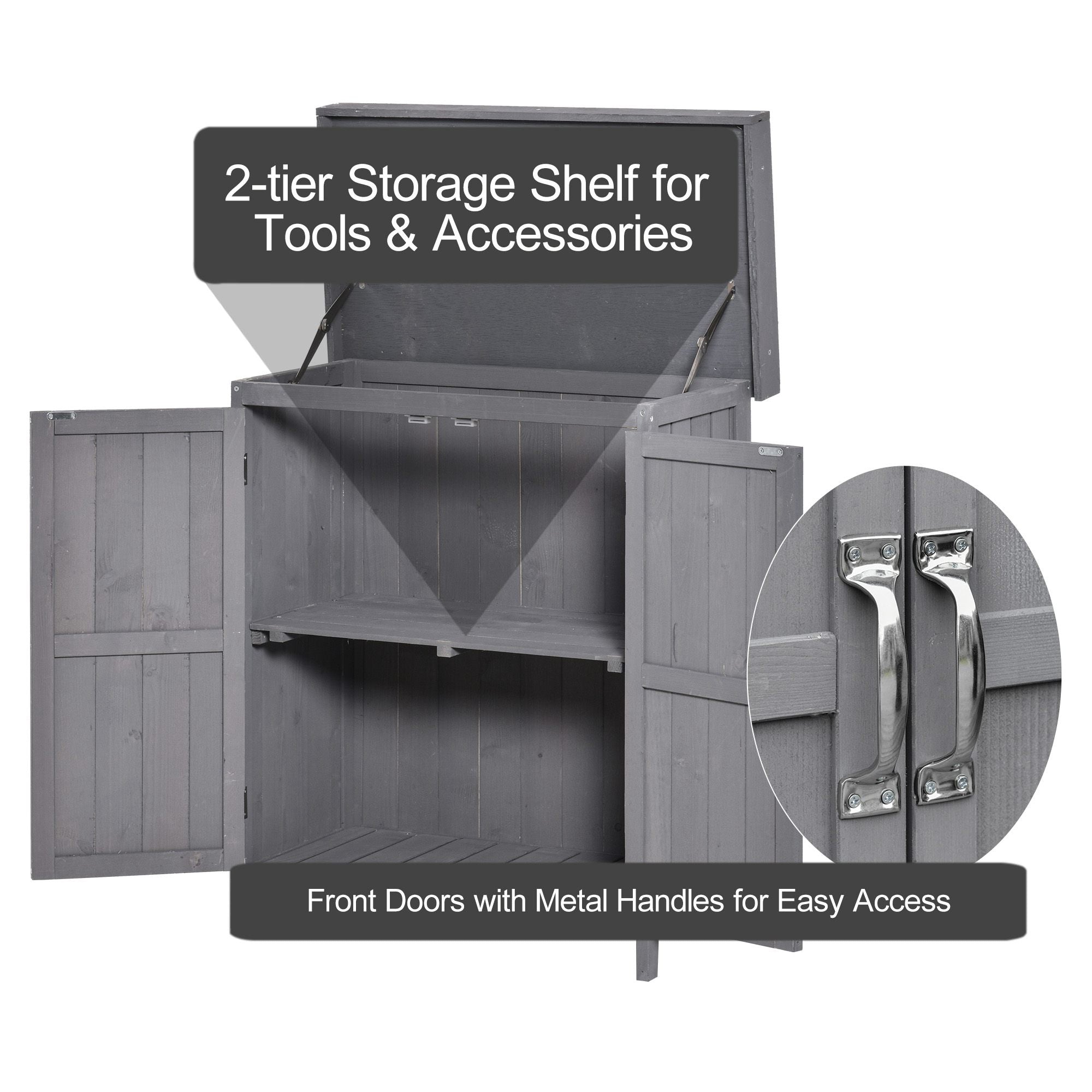 Wooden Garden Storage Shed Tool Cabinet Organiser with Shelves, Two Doors,74 x 43 x 88cm, Grey