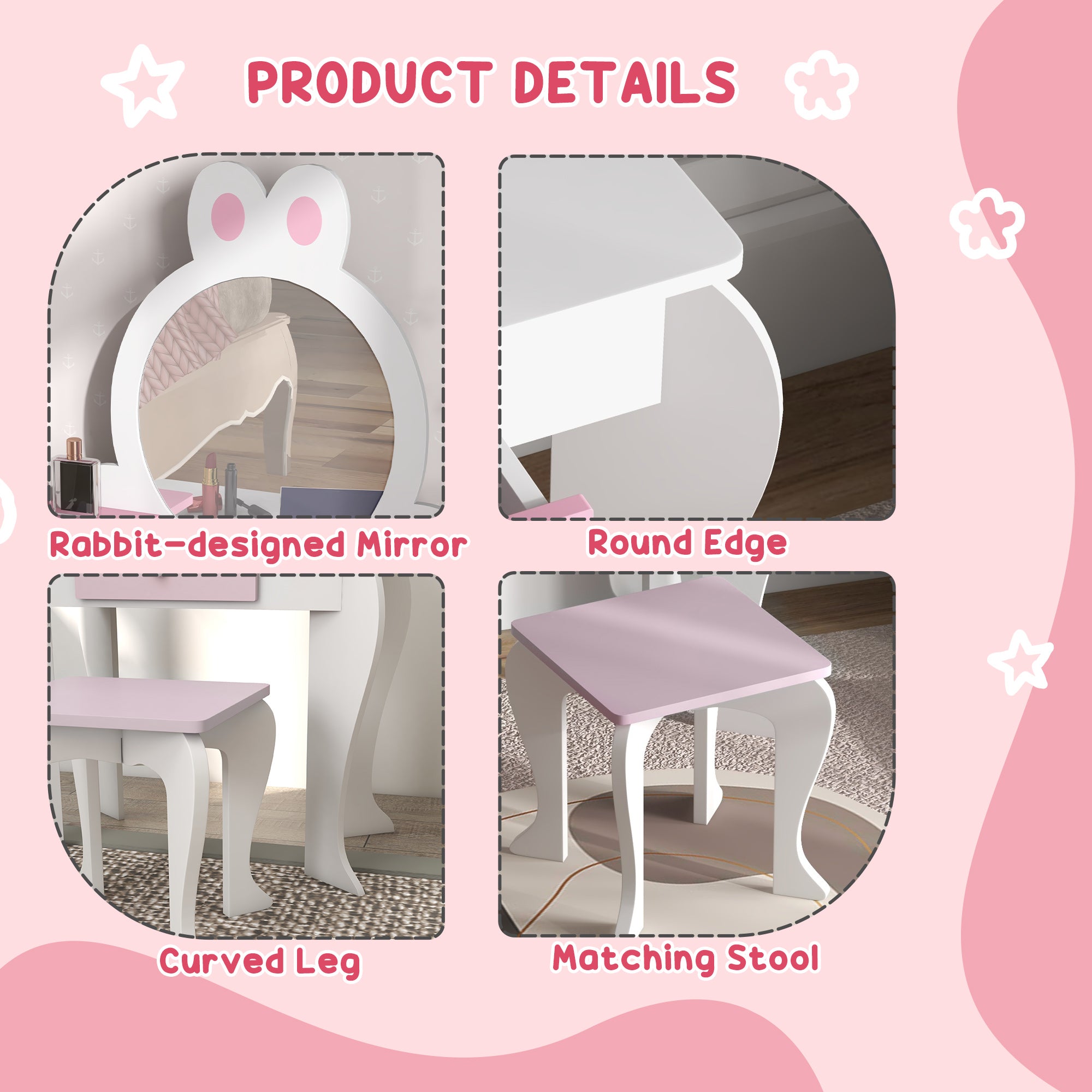 Bunny-Design Kids Dressing Table, with Mirror and Stool - White and Pink