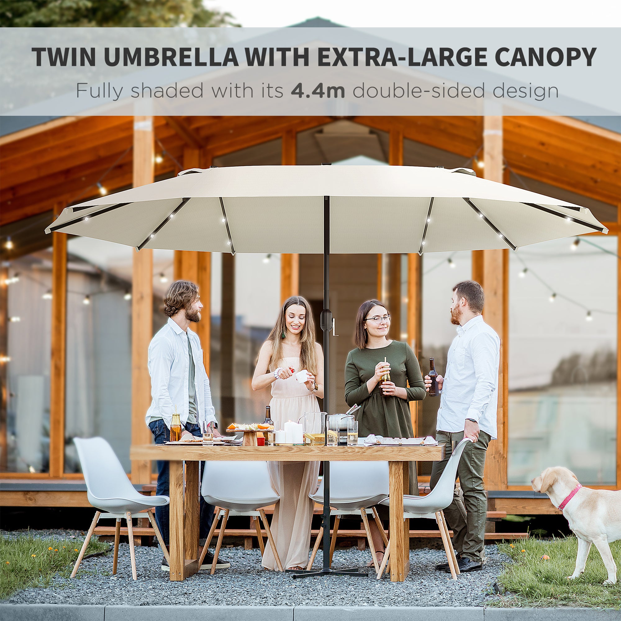 4.4m Double-Sided Garden Parasol with LED Solar Lights - Cream White
