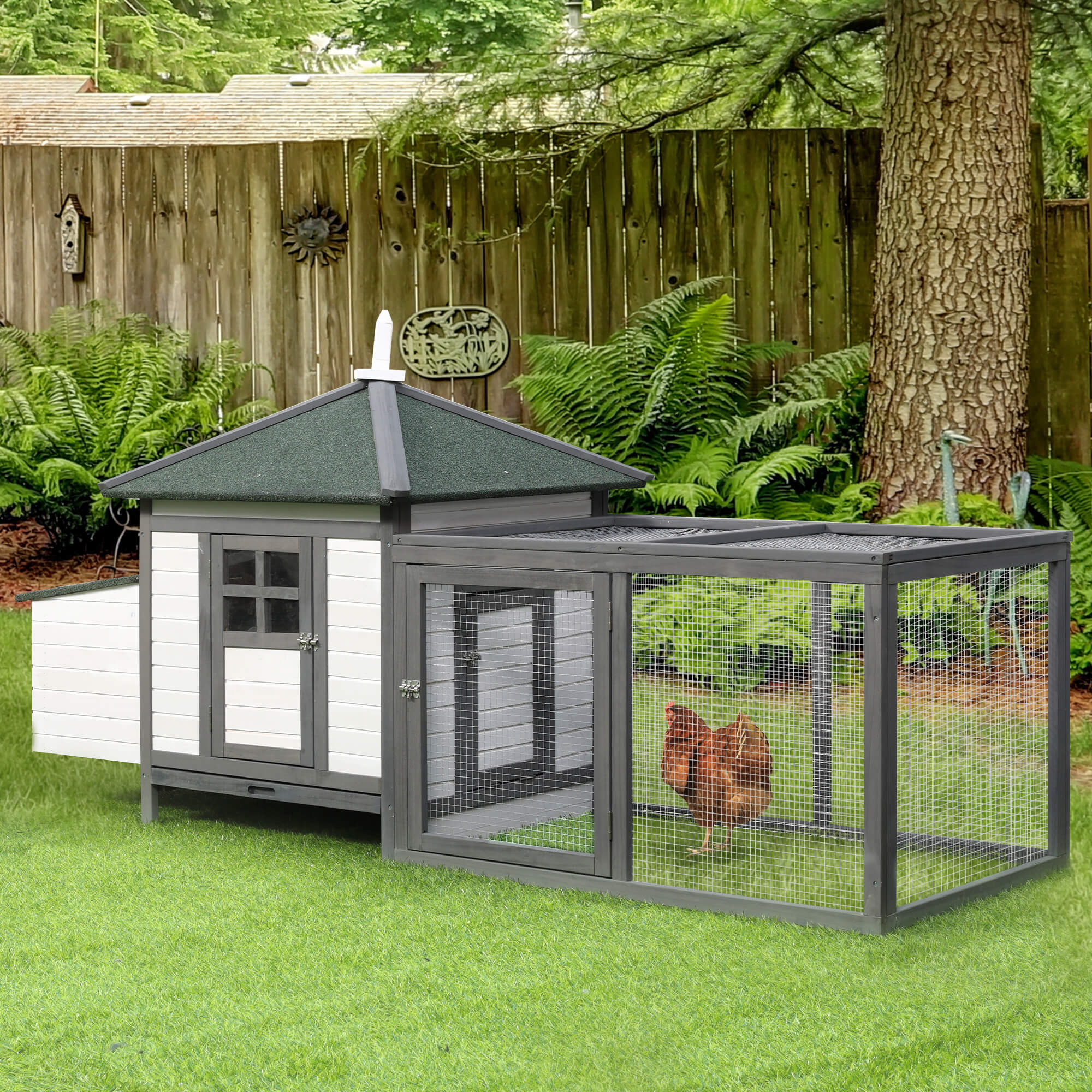 Chicken Coop Small Animal Pet Cage Wooden Chicken Hutch w/ Nesting Box Outdoor Run Backyard