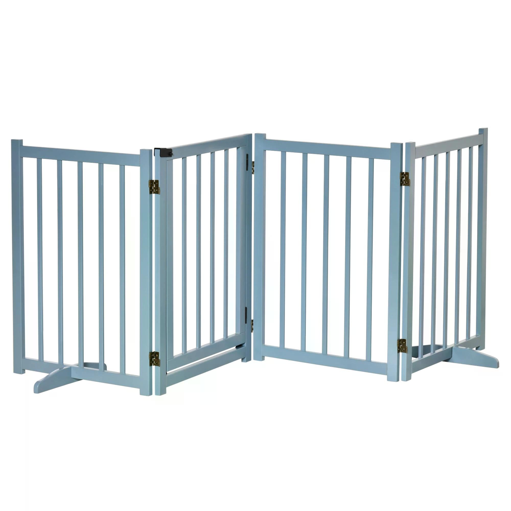 Pet Gate for Small and Medium Dogs, Freestanding Wooden Foldable Dog Safety Barrier with 4 Panels, 2 Support Feet for Doorways, Stairs, Blue