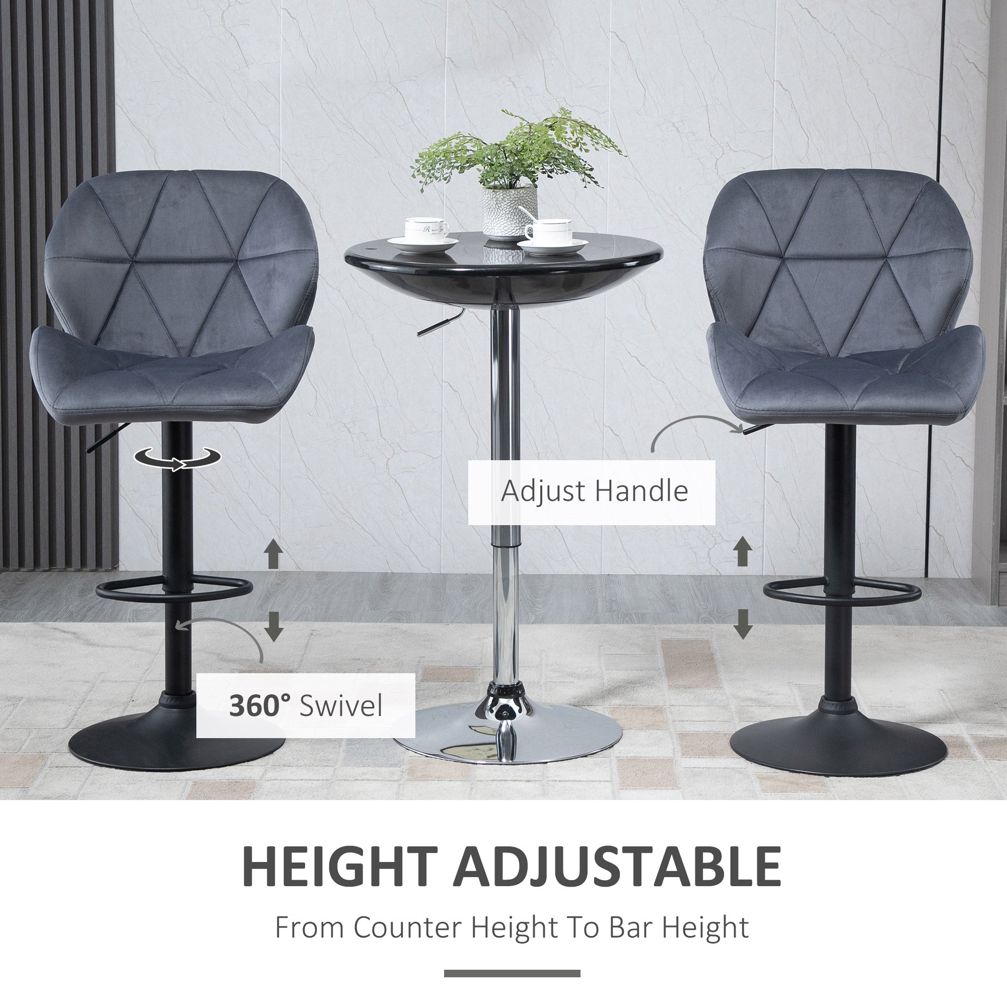 Set of 2 Adjustable Bar stools With Backs , Armless Upholstered Swivel Counter Chairs, Barstools with Back, Footrest, Dark Grey