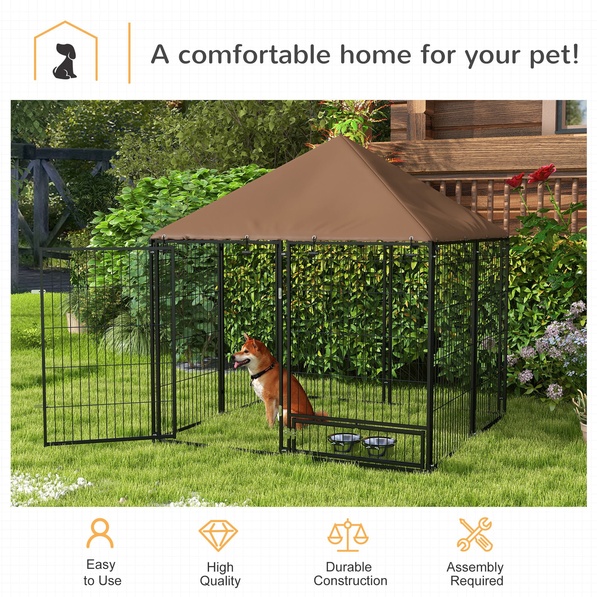 Outdoor Dog House Kennel with Water-resistant Roof Lockable Mesh Metal Cage Steel Fence, 141 x 141 x 121 cm