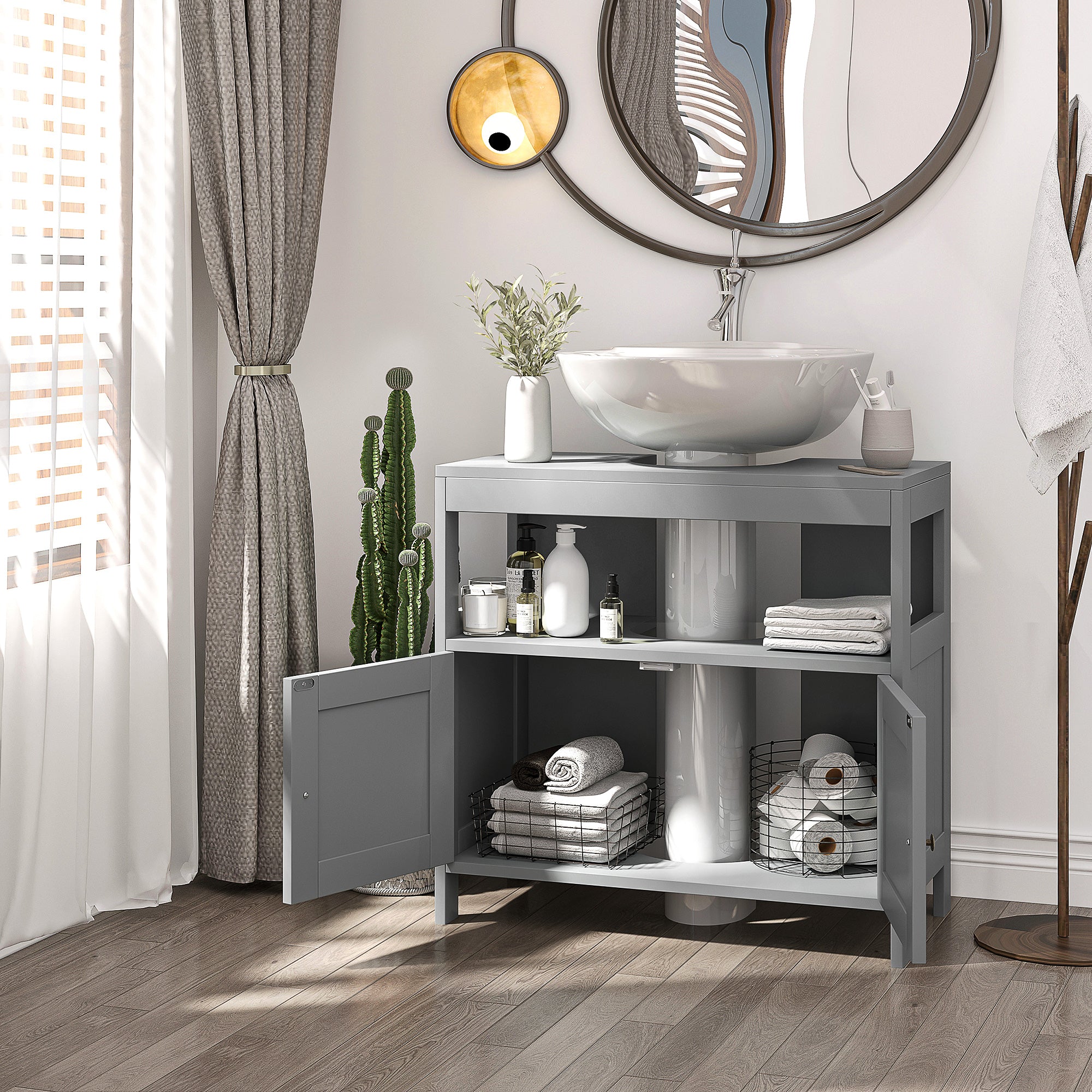 Modern Pedestal Under Sink Cabinet with Double Doors - Light Grey