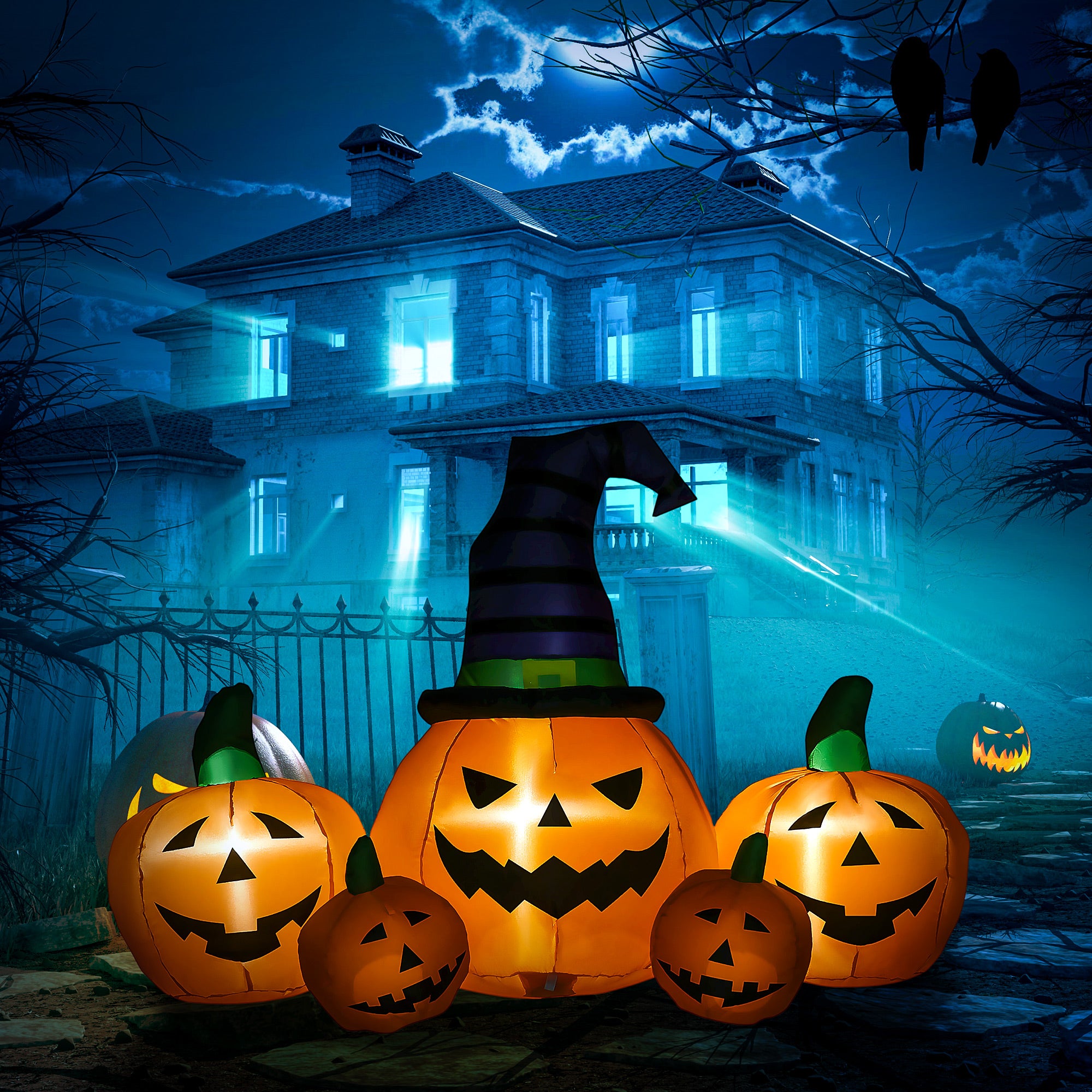 6ft Inflatable Halloween Large Pumpkin with Hat and Four Small Pumpkins LED Outdoor Display - Orange