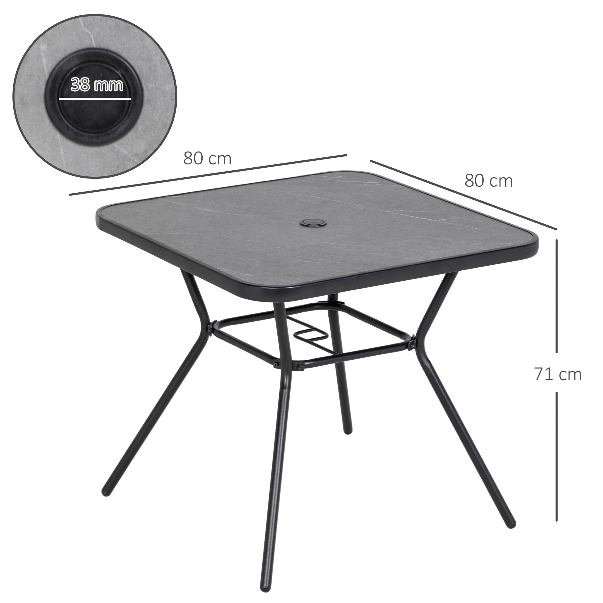 Square Outdoor Table, Patio Bistro Coffee Table with Faux-marbled Top and 42mm Umbrella Hole for Garden