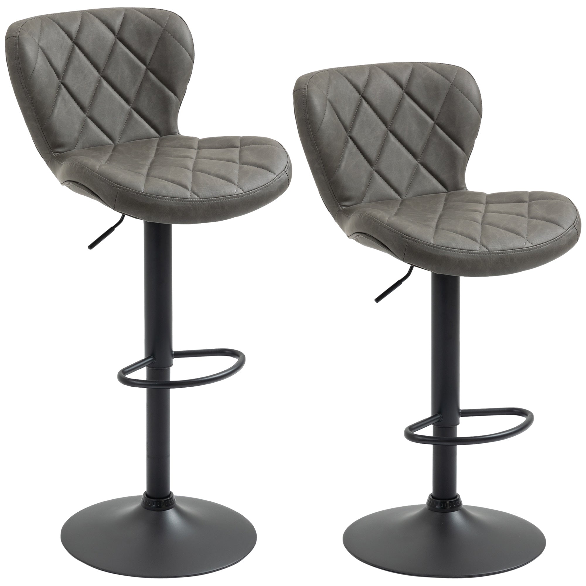 Adjustable Height Bar Stools Set of 2, Swivel Barstools with Backrest and Footrest, Steel Frame Diamond Pattern PU, Kitchen Dining, Dark Grey