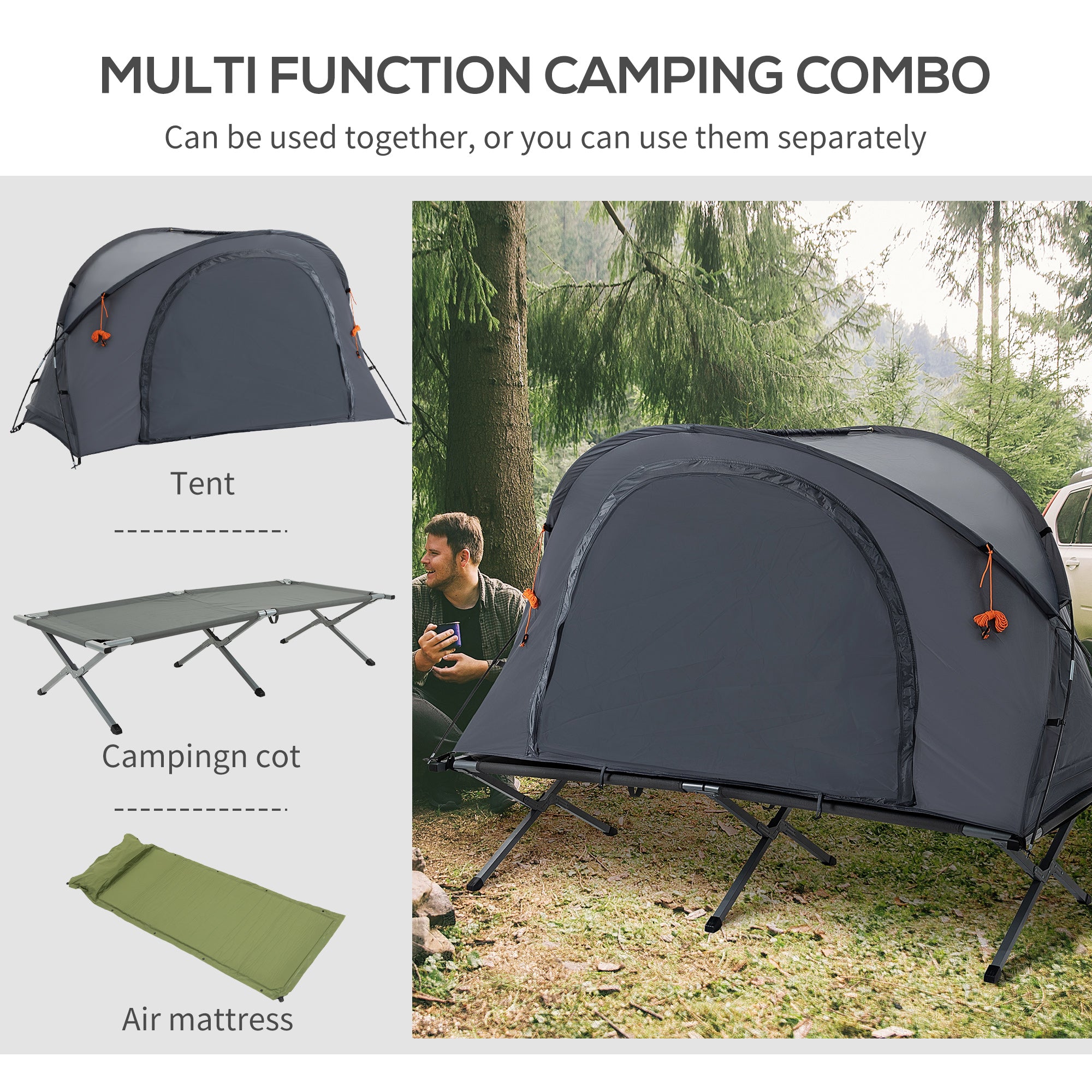 Folding Camping Tent Cot, Portable Tent Shelter Combo with Self-Inflating Air Mattress Carry Bag for 1 Person