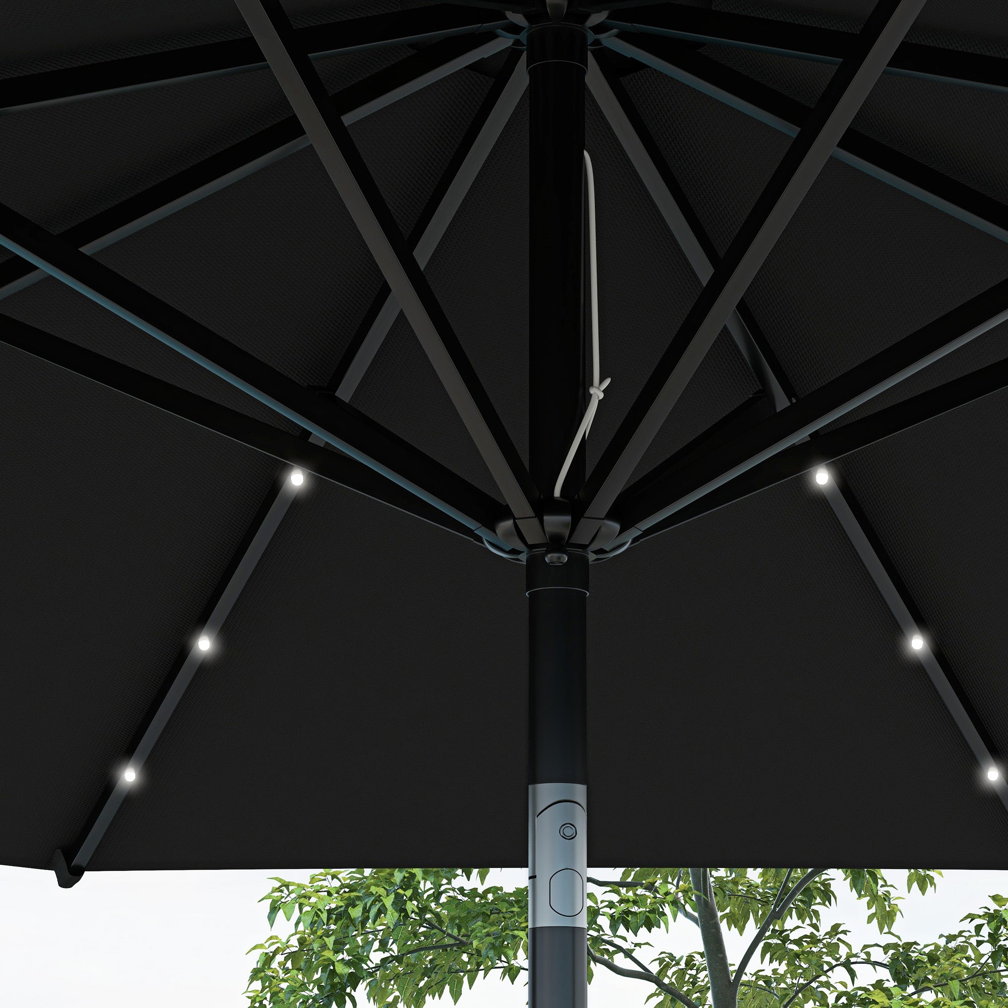 2.7m Garden Parasol Solar Outdoor Tilt Sun Umbrella Patio Sun Shade w/ 24 LED Light, Hand Crank and 8 Ribs, Black