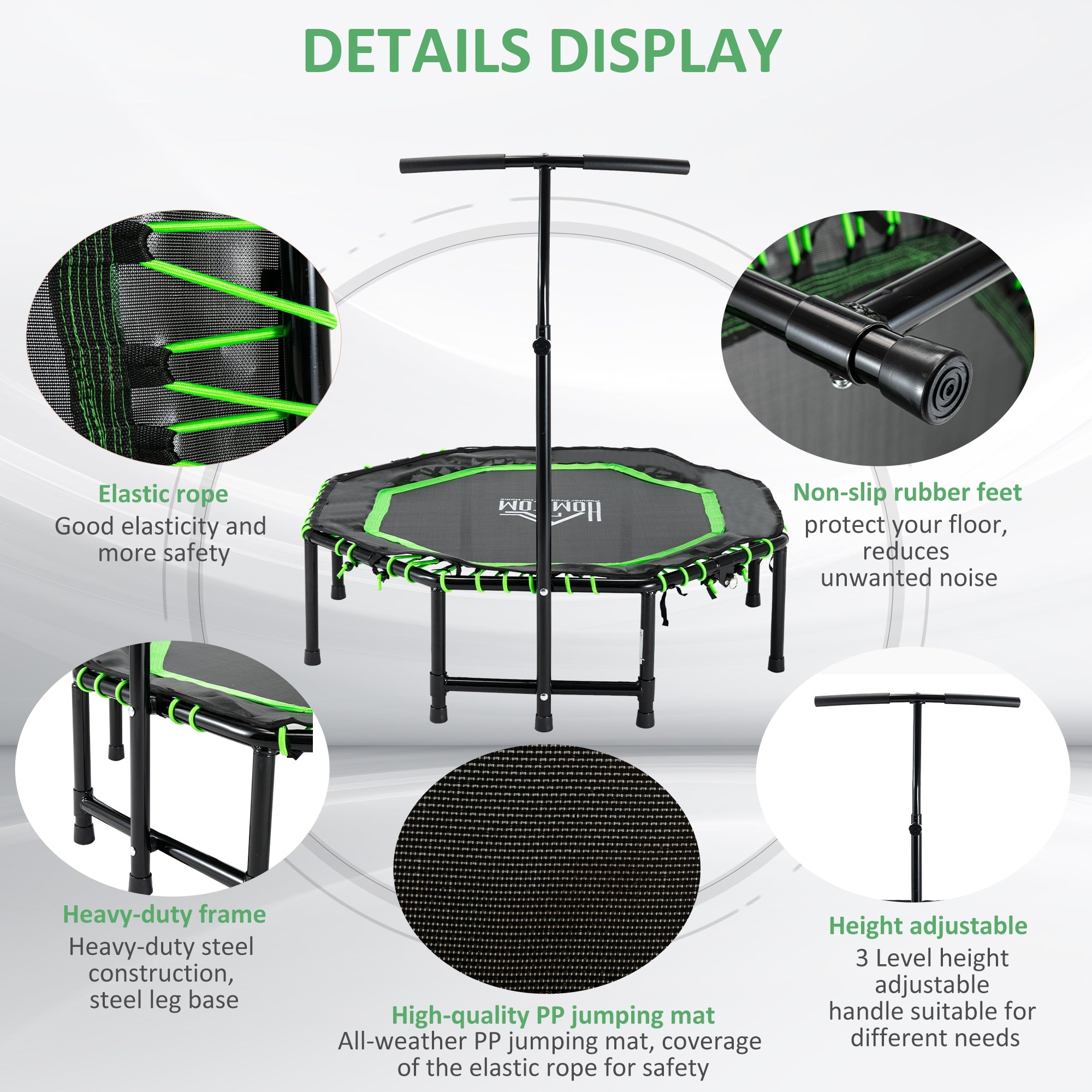 48" Octagonal Foldable Fitness Rebounder Trampoline with Adjustable Handle - Green