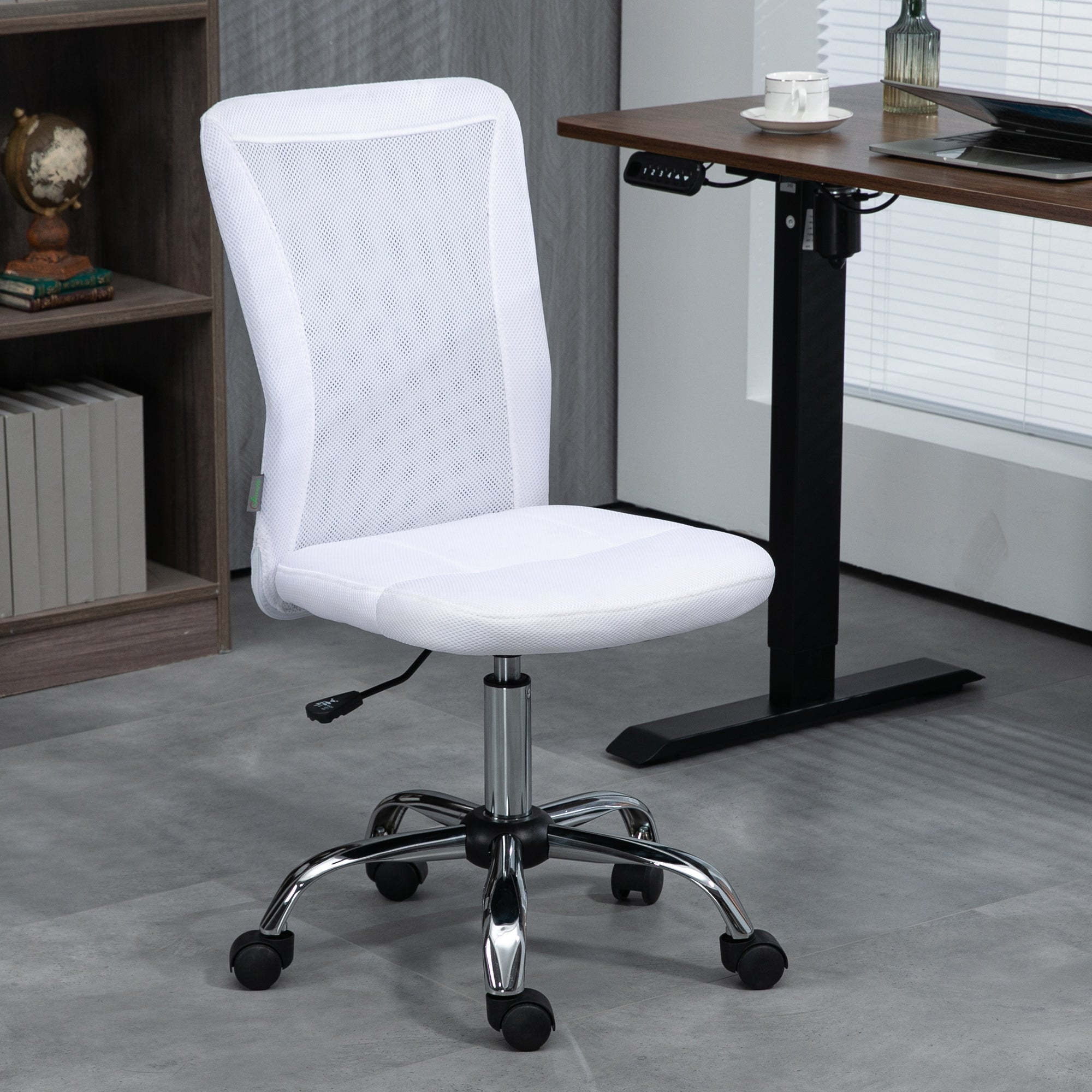 Computer Desk Chair, Mesh Office Chair with Adjustable Height and Swivel Wheels, Armless Study Chair, White