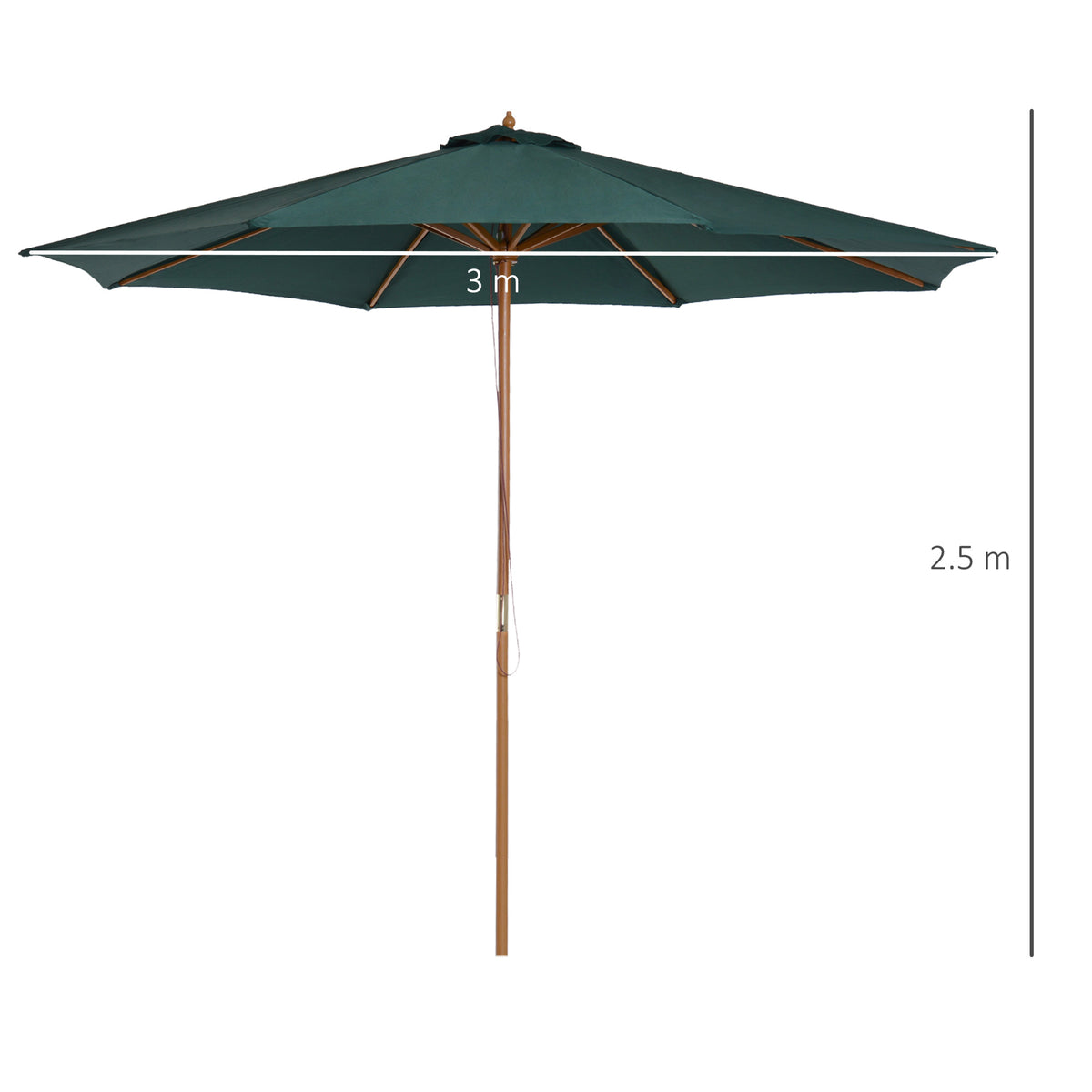 3 Metre Wooden Patio Umbrella with Pulley and Tilt Mechanism - Dark Green