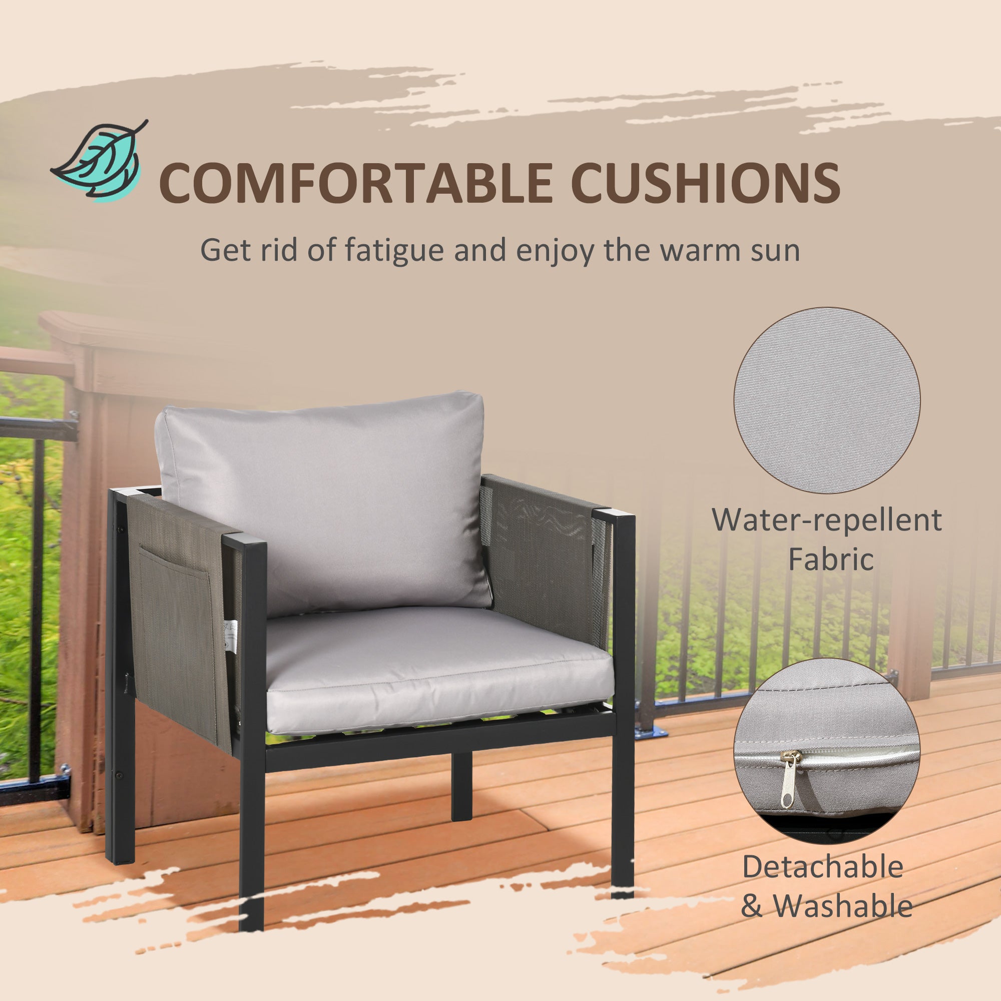 4 Piece Metal Garden Furniture Set with Cushions and Tempered Glass Table - Light Grey