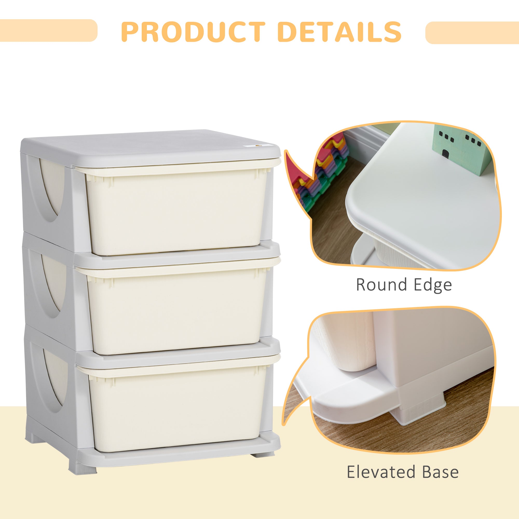 Kids Storage Units with Drawers 3 Tier Chest Vertical Dresser Tower Toy Organiser for Nursery Playroom Kindergarten White