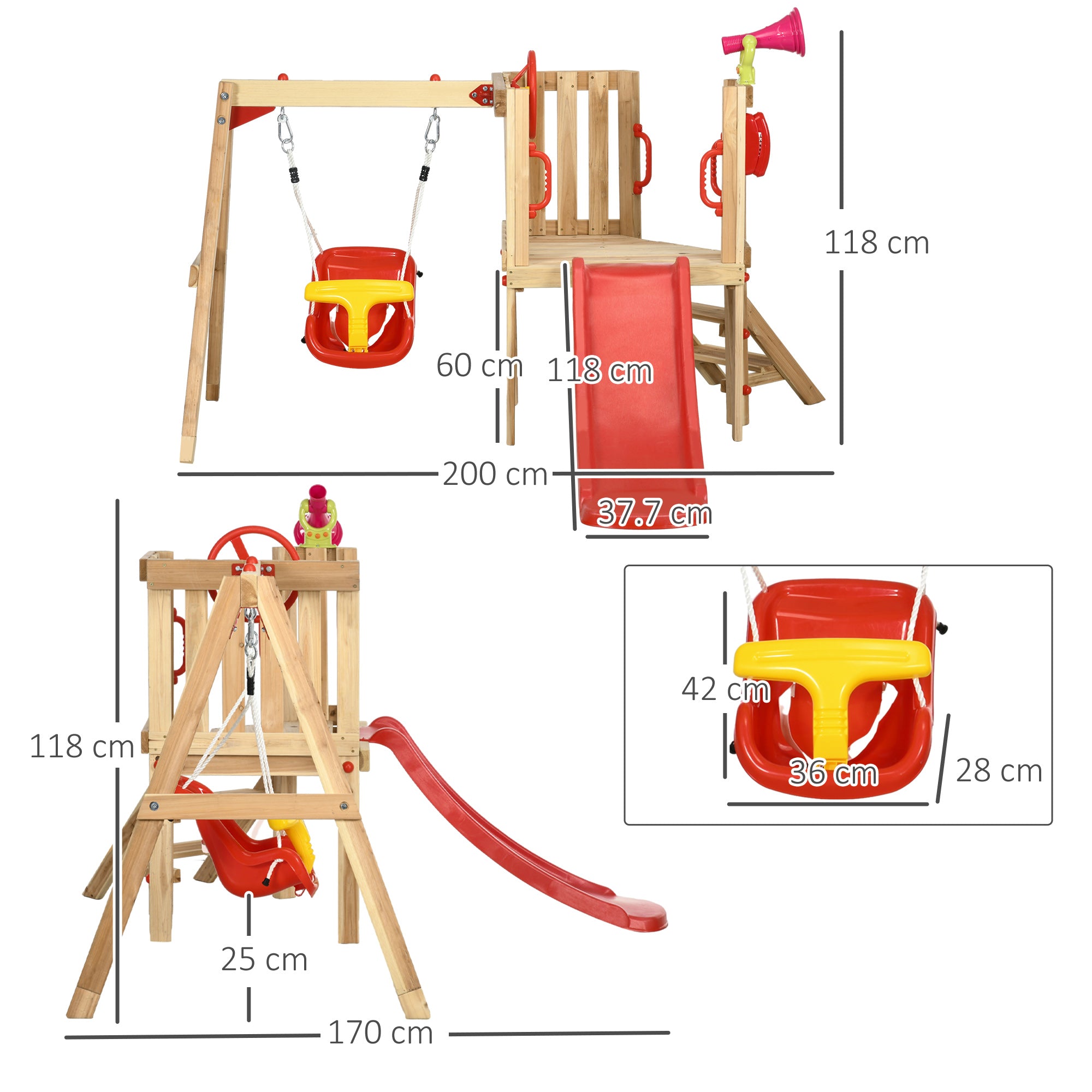 Wooden Swing and Slide Set for Toddler 18-48 Months, Outdoor Use - Red and Brown