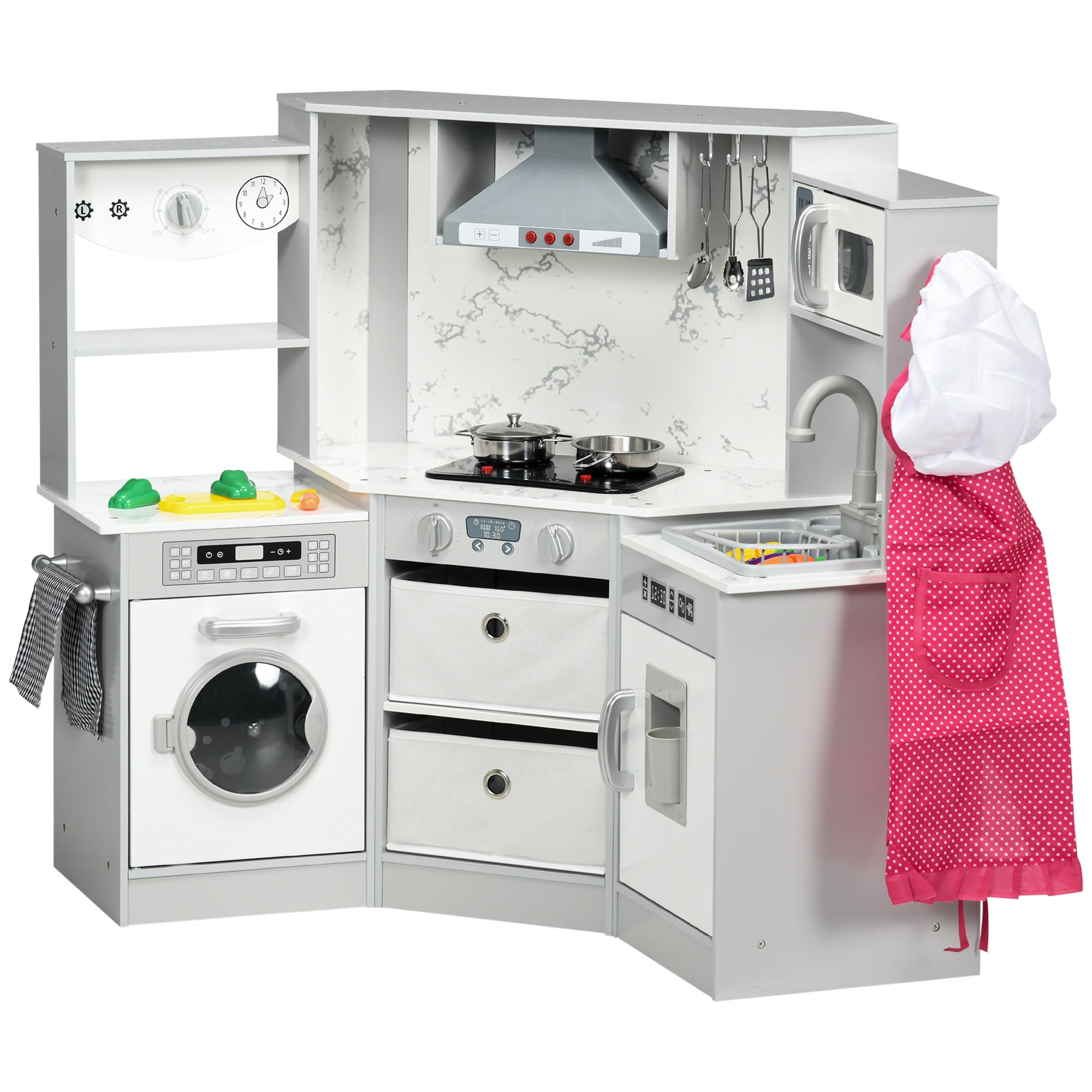 Toy Kitchen with Running Water, Lights Sounds, Apron and Chef Hat, Water Dispenser, for 3-6 Years Old - Grey