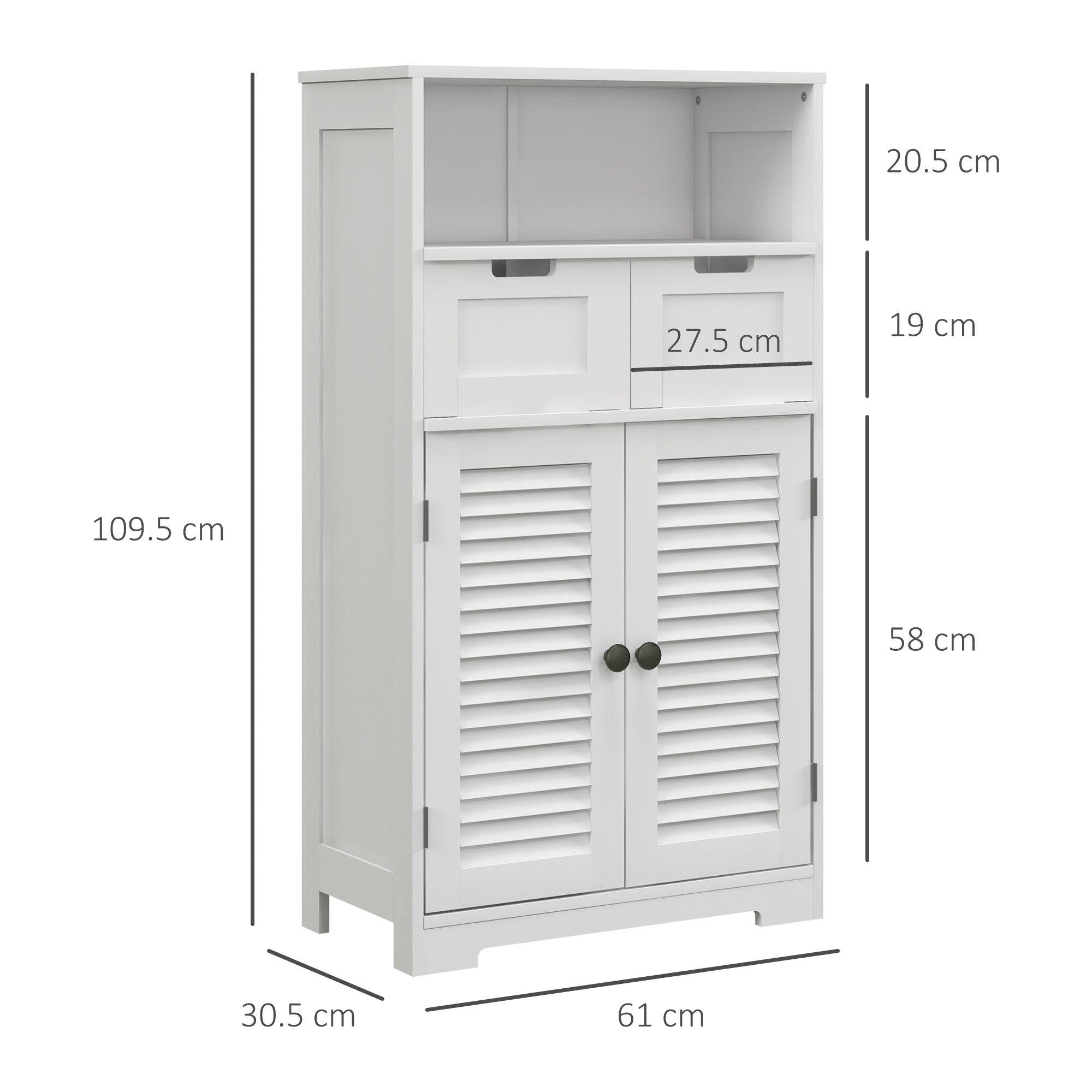 Bathroom Storage Unit with Louvred Doors, Bathroom Floor Cabinet with Drawers, Open Shelf and Adjustable Shelf