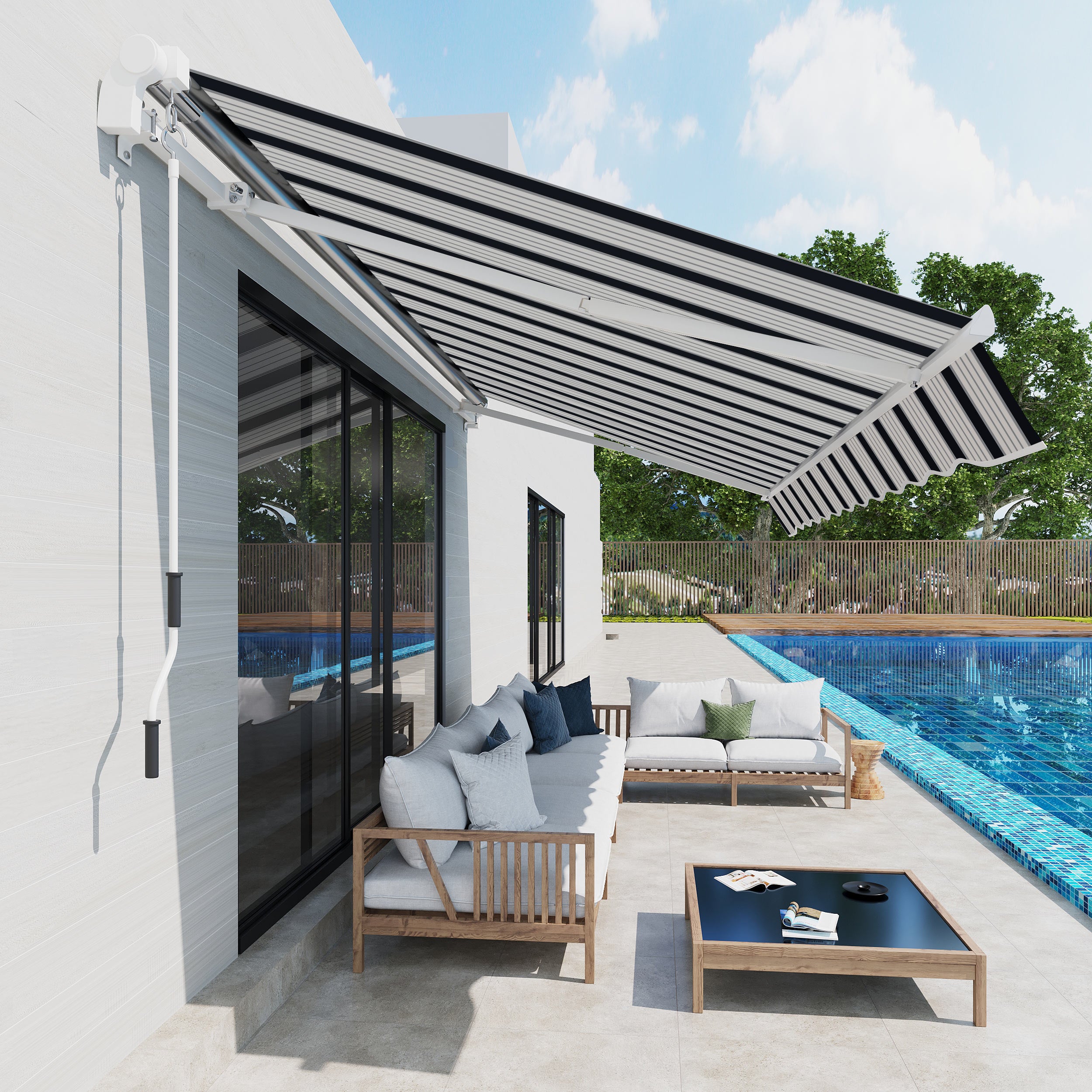 4m x 3(m) Garden Patio Manual Awning Canopy Aluminium Sun Shade Shelter Retractable Blue and White