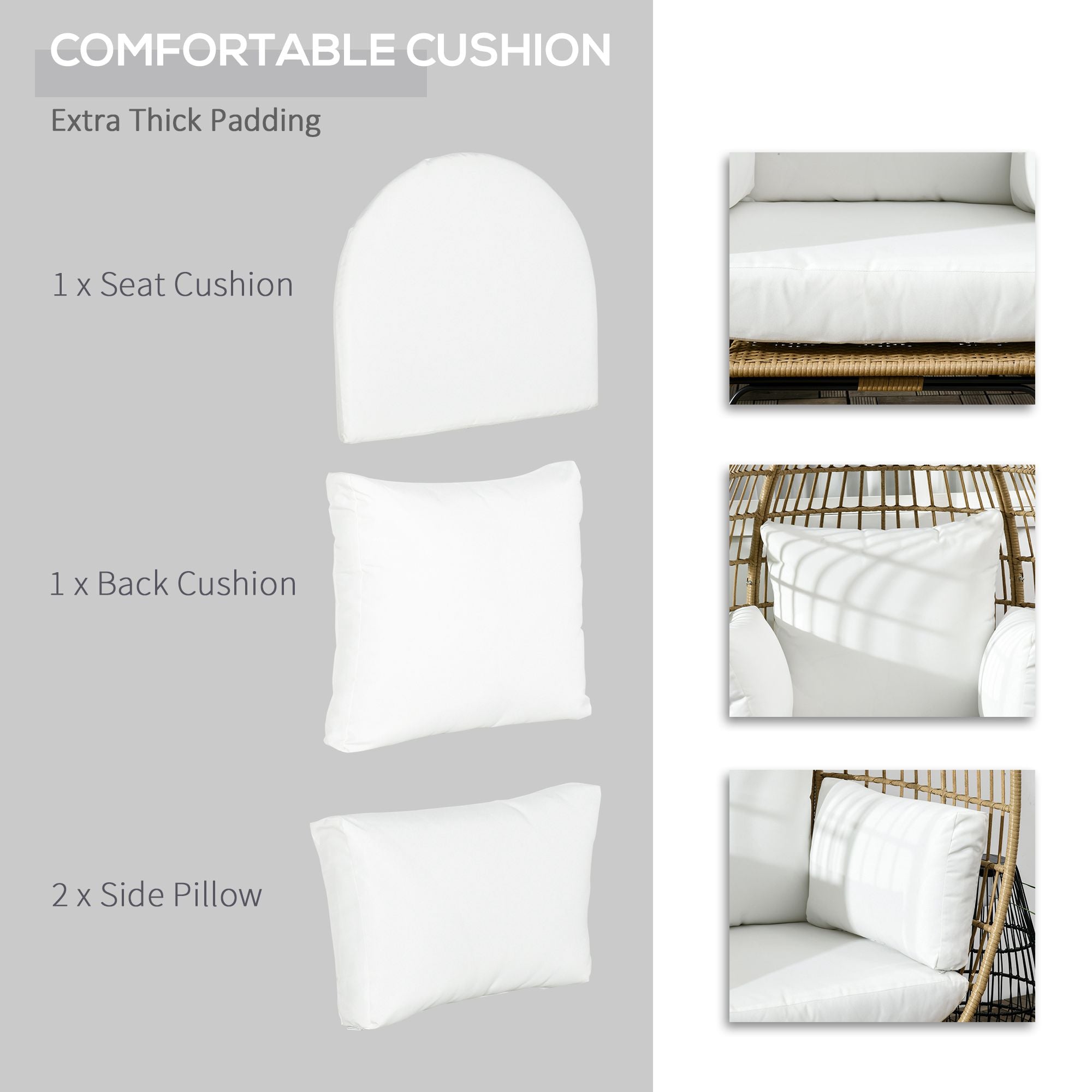 1 Seater PE Rattan Outdoor Egg Chair with Padded Cushions - Khaki