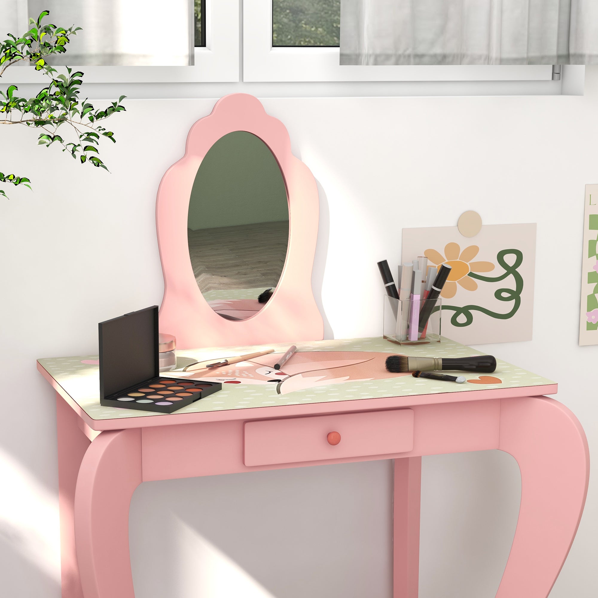 Kids Dressing Table with Mirror and Stool, Girls Vanity Table Makeup Desk with Drawer, Cute Animal Design, for 3-6 Years - Pink