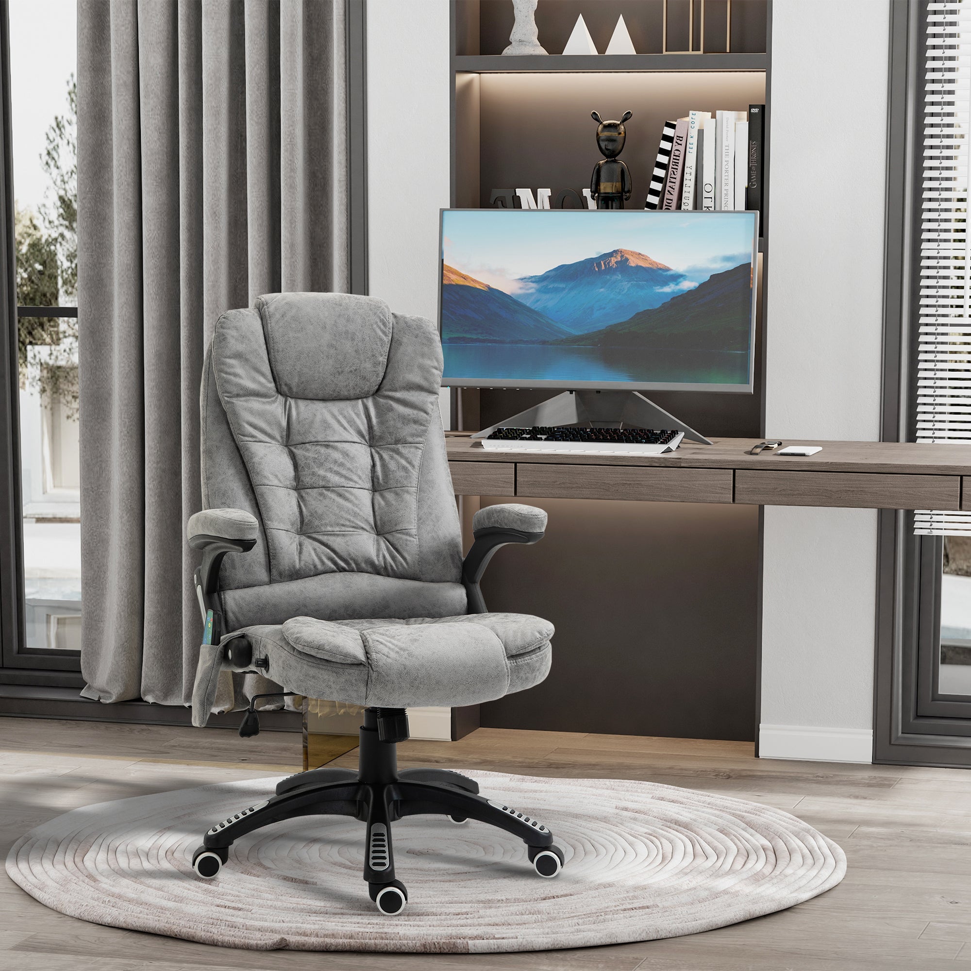 Massage Recliner Chair Heated Office Chair with Six Massage Points Microfiber Cloth 360° Swivel Wheels Grey