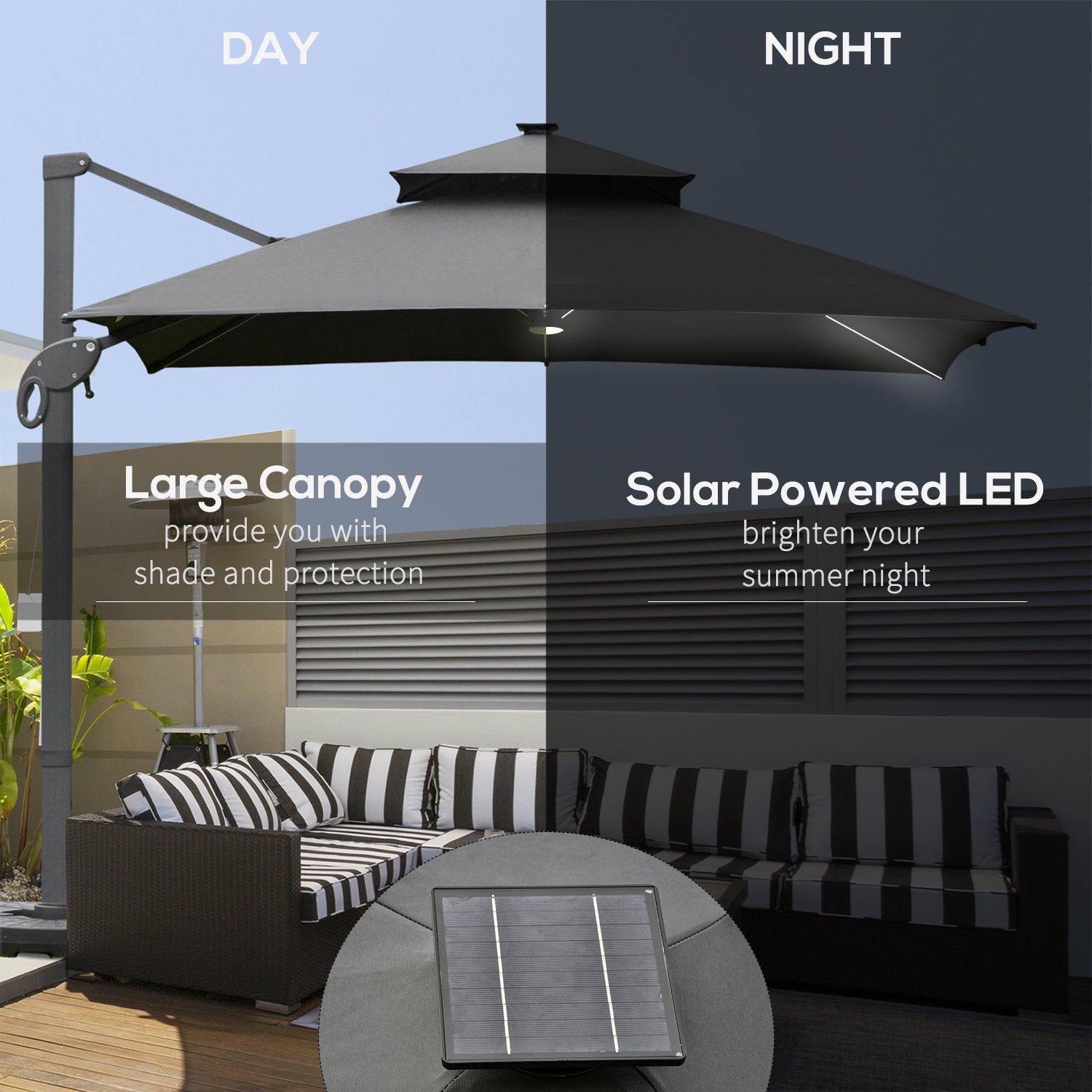 3 x 3(m) Cantilever Roma Parasol Garden Sun Umbrella Outdoor Patio with LED Solar Light Cross Base 360° Rotating for Backyard Dark Gray