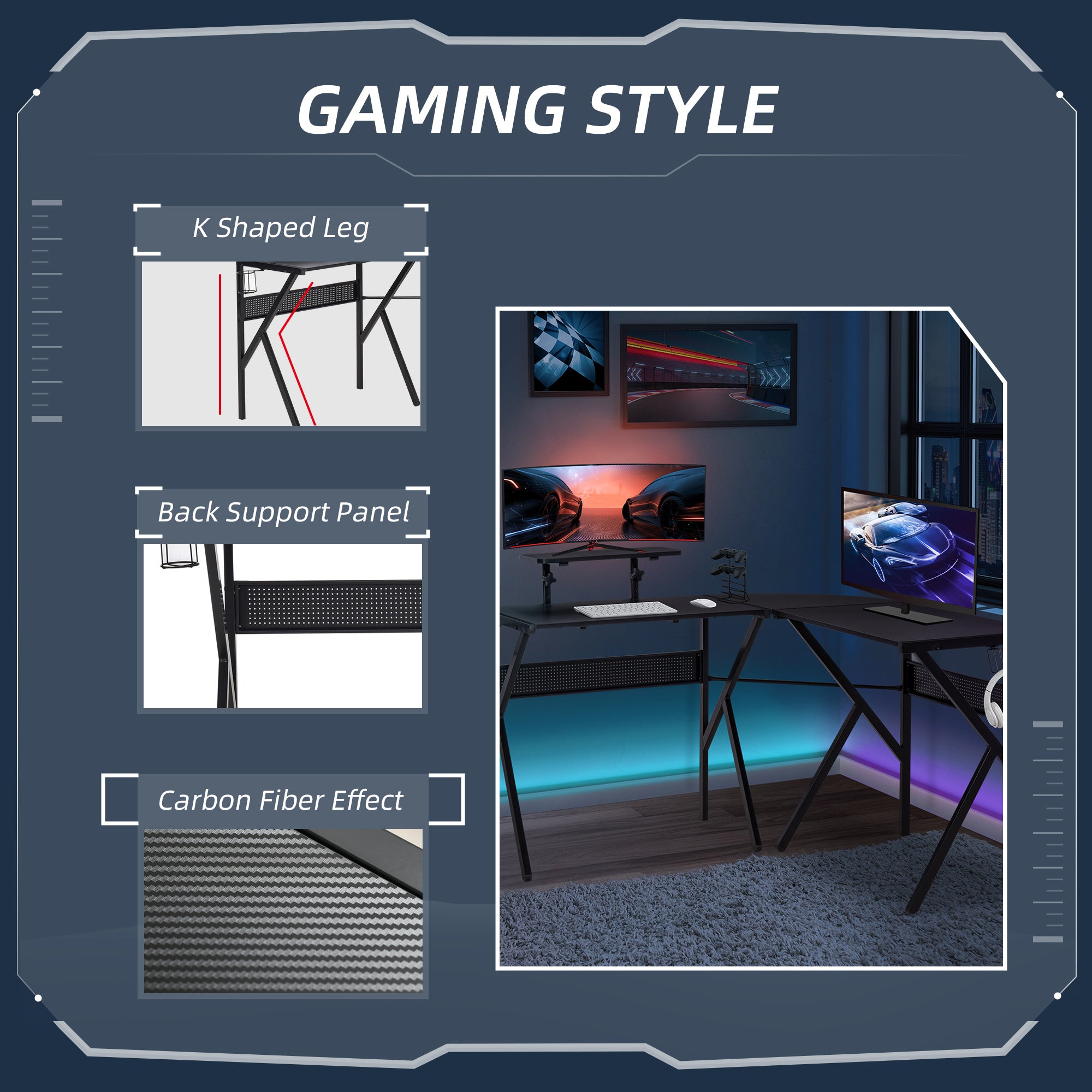 Gaming Desk L-Shaped Corner Computer Table for Home Office PC Workstations with Adjustable Monitor Stand , Black