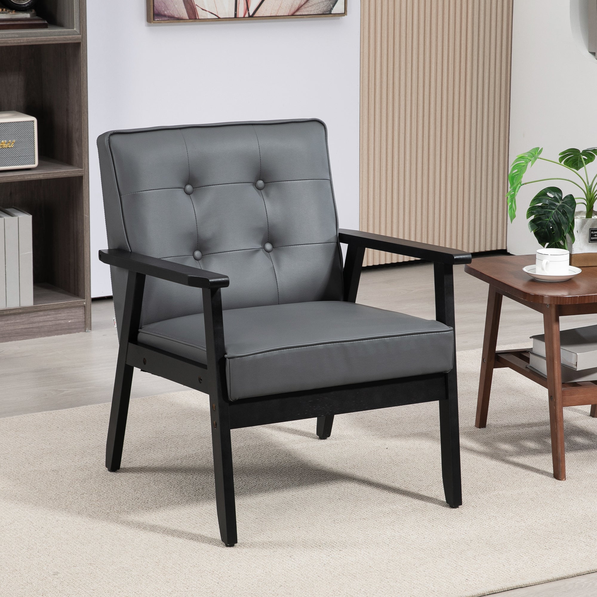 Accent Chair, PU Leather Armchair, Occasional Chair with Beech Wood Frame for Living Room Reception Bedroom Balcony, Grey and Black