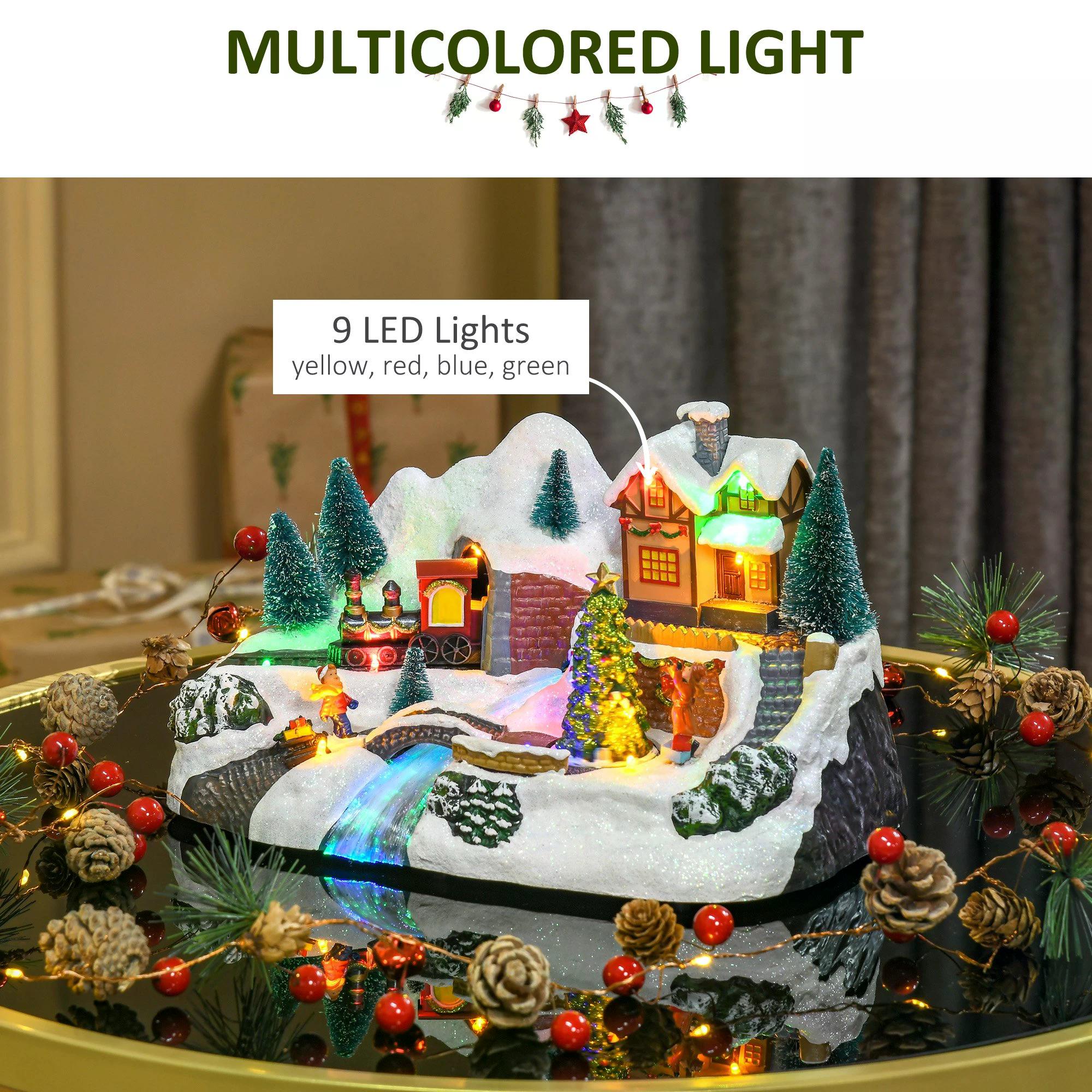 Prelit Christmas Musical Villages with Rotating Tree Animated Xmas Village with Sound Fibre Optic Transformer Festival Decoration for Tabletop